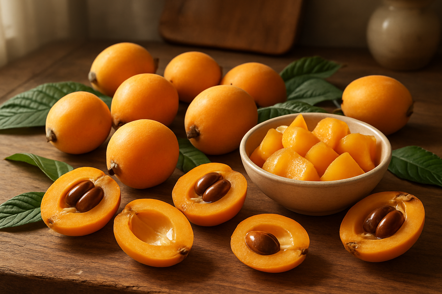 Create a realistic image of fresh loquat fruits arranged on a rustic wooden table, showcasing both whole golden-orange loquats with their natural fuzzy skin and several cut loquats revealing their juicy translucent flesh and dark brown seeds, accompanied by a small bowl filled with prepared loquat pieces ready to eat, green loquat leaves scattered naturally around the fruits, soft natural daylight streaming from the side creating gentle shadows and highlighting the fruits' glossy texture, warm and inviting kitchen atmosphere in the background with subtle wooden cutting board and ceramic elements, absolutely NO text should be in the scene.