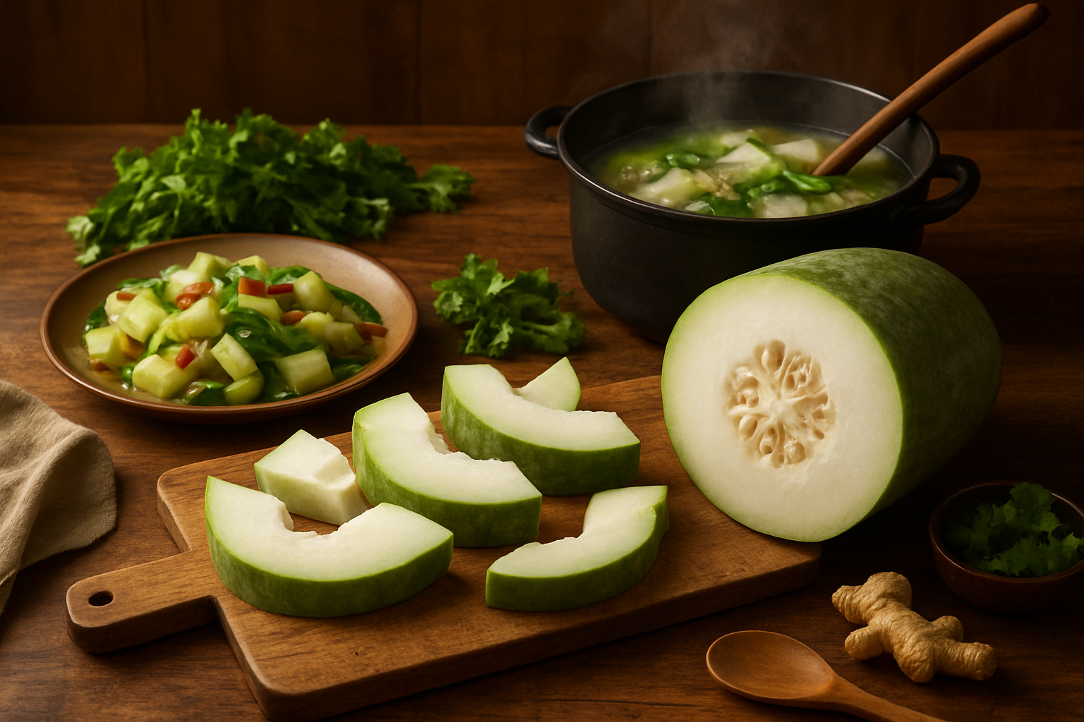 Create a realistic image of a rustic wooden kitchen counter displaying various winter melon cooking preparations including sliced winter melon pieces, a whole winter melon cut in half showing the white flesh and seeds, a steaming pot with winter melon soup, a plate of stir-fried winter melon with vegetables, fresh herbs like cilantro and ginger scattered around, cooking utensils, and a bamboo cutting board, with warm golden kitchen lighting creating an inviting culinary atmosphere, absolutely NO text should be in the scene.