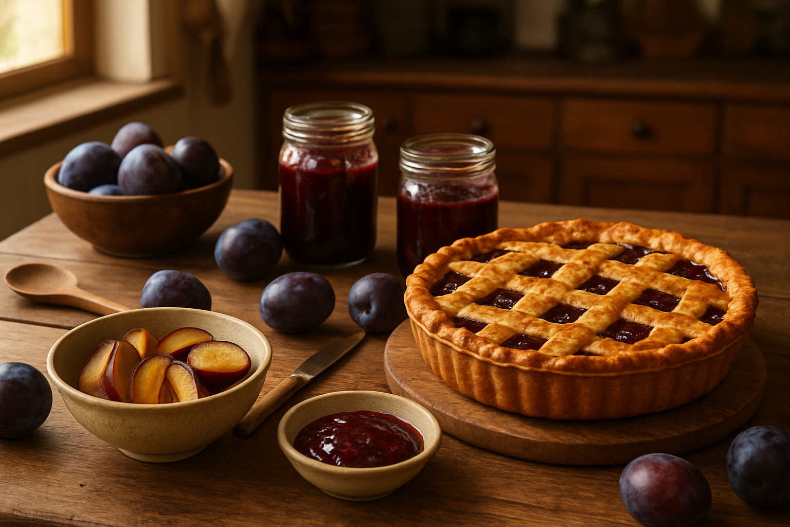 Create a realistic image of a rustic wooden kitchen counter displaying various culinary preparations with fresh plums, including a homemade plum pie with golden crust, glass jars of plum jam with rich purple color, a bowl of sliced fresh plums showing their juicy flesh, plum sauce in a small ceramic bowl, and whole ripe plums scattered around, with warm natural lighting from a nearby window creating soft shadows, kitchen utensils like a wooden spoon and knife visible, and a cozy home kitchen atmosphere in the background with blurred cabinets and cookware, absolutely NO text should be in the scene.