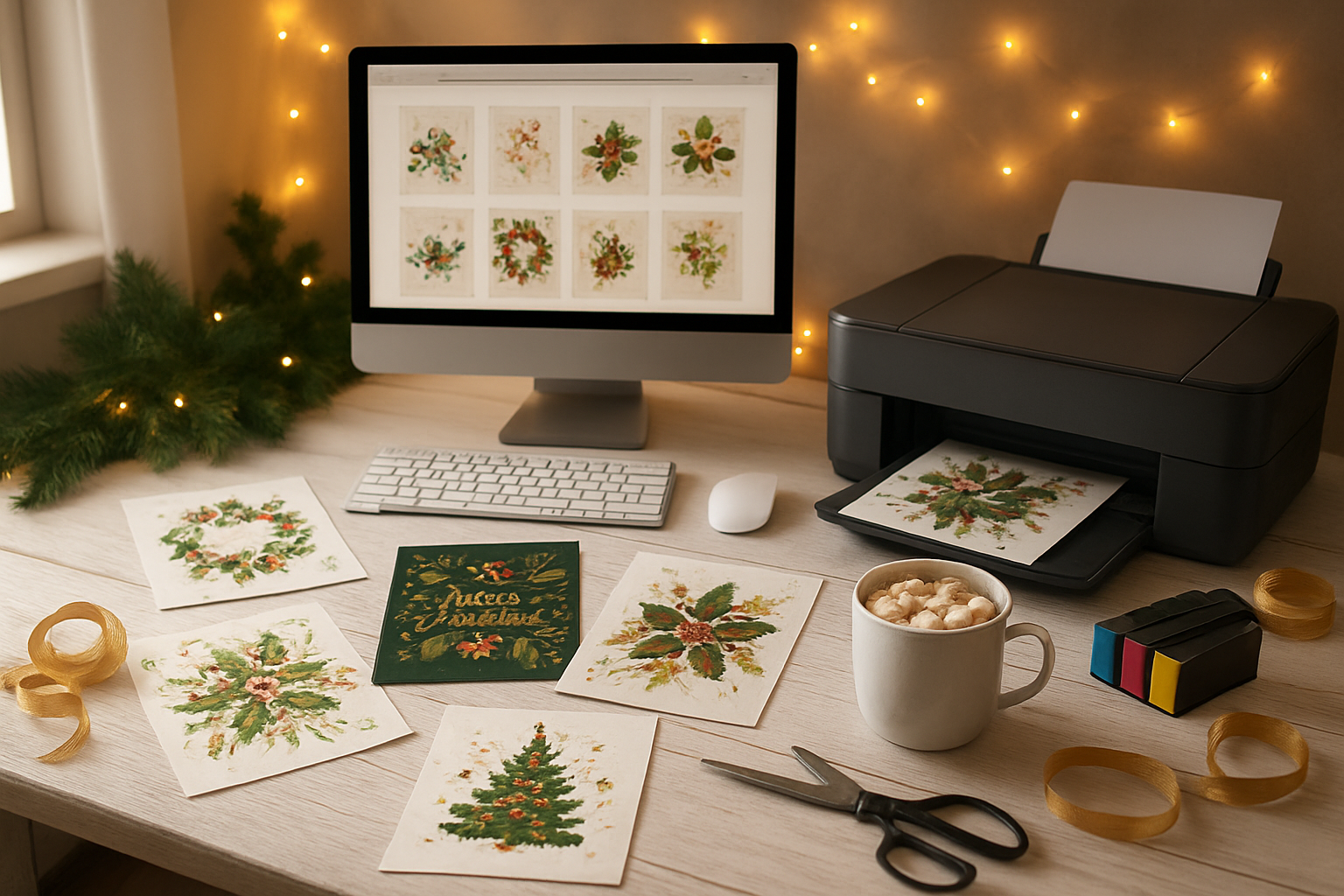 Create a realistic image of a cozy home office desk scene with beautifully designed Christmas and New Year greeting cards spread across a white wooden surface, a modern computer displaying a digital shop interface, a high-quality home printer beside the desk, colorful ink cartridges, fresh printed holiday cards with elegant festive designs featuring holly leaves and golden accents, a cup of hot cocoa with marshmallows, warm fairy string lights creating a soft golden glow in the background, evergreen pine branches as decorative elements, and gift wrapping supplies including ribbons and scissors nearby, all set in a warm and inviting atmosphere with soft natural lighting from a nearby window, absolutely NO text should be in the scene.