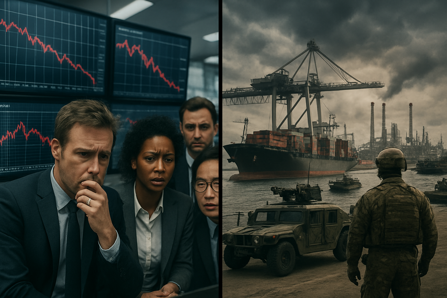 Create a realistic image of a split-screen composition showing global economic turmoil on the left with worried diverse business people including white males, black females, and Asian males looking at declining stock market charts on multiple screens in a modern trading floor, and military security elements on the right featuring cargo ships in a port with increased security presence, military vehicles, and oil refineries with smokestacks in the background under dramatic cloudy skies, with a tense and concerned atmosphere throughout the scene, absolutely NO text should be in the scene.