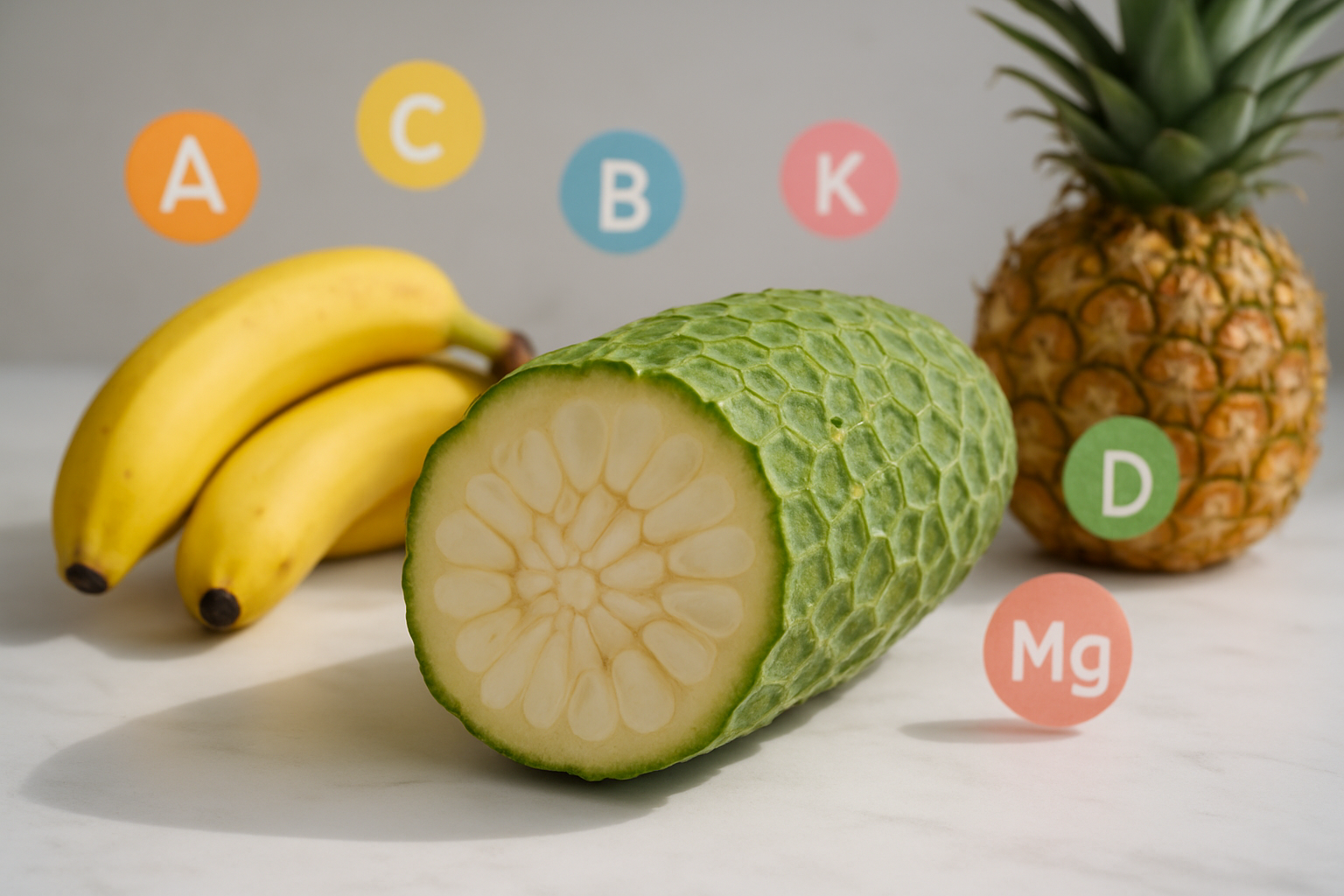 Create a realistic image of a fresh Monstera Deliciosa fruit cut in half displaying its creamy white segmented interior, surrounded by colorful vitamin and mineral symbols floating subtly around it, alongside fresh tropical fruits like bananas and pineapples, set on a clean white marble surface with natural daylight creating soft shadows, emphasizing the fruit's nutritious and healthy properties in a bright, fresh atmosphere, absolutely NO text should be in the scene.