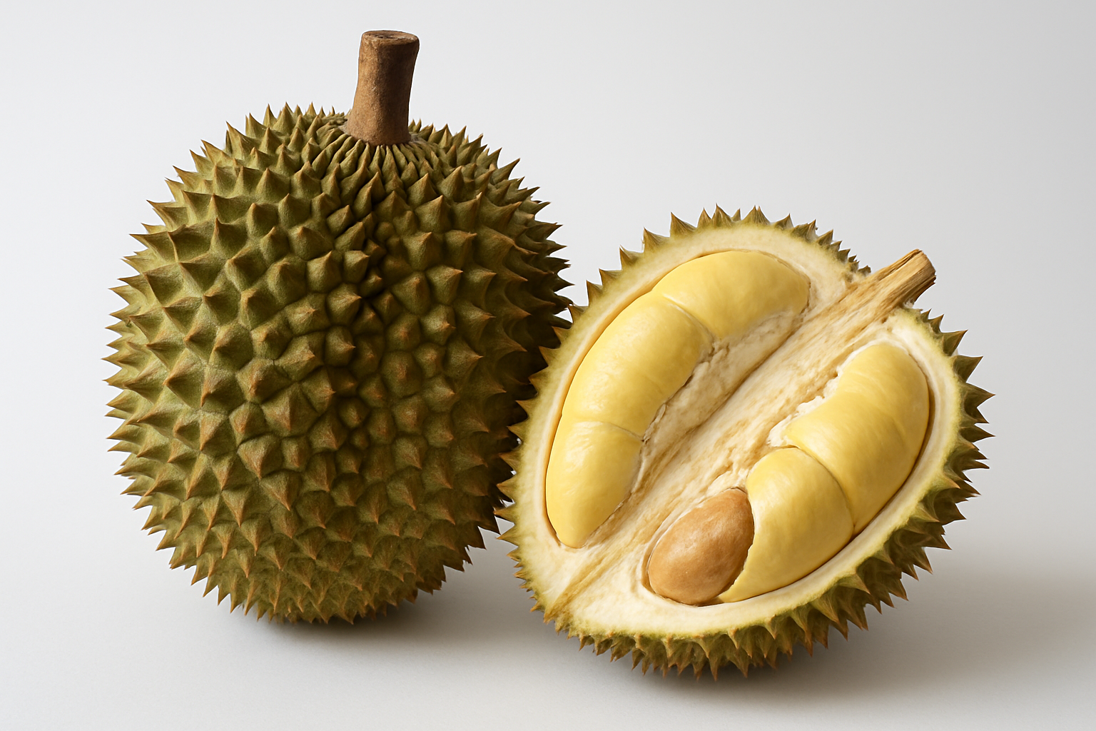 Create a realistic image of a whole durian fruit prominently displayed in the center, showcasing its distinctive large size, oval shape, and intimidating spiky green-brown exterior with sharp thorns covering the entire surface, positioned next to a cross-section of another durian revealing the creamy yellow custard-like flesh segments and large brown seeds inside, set against a clean white background with soft natural lighting that highlights the textural contrasts between the rough spiky outer shell and smooth inner flesh, absolutely NO text should be in the scene.