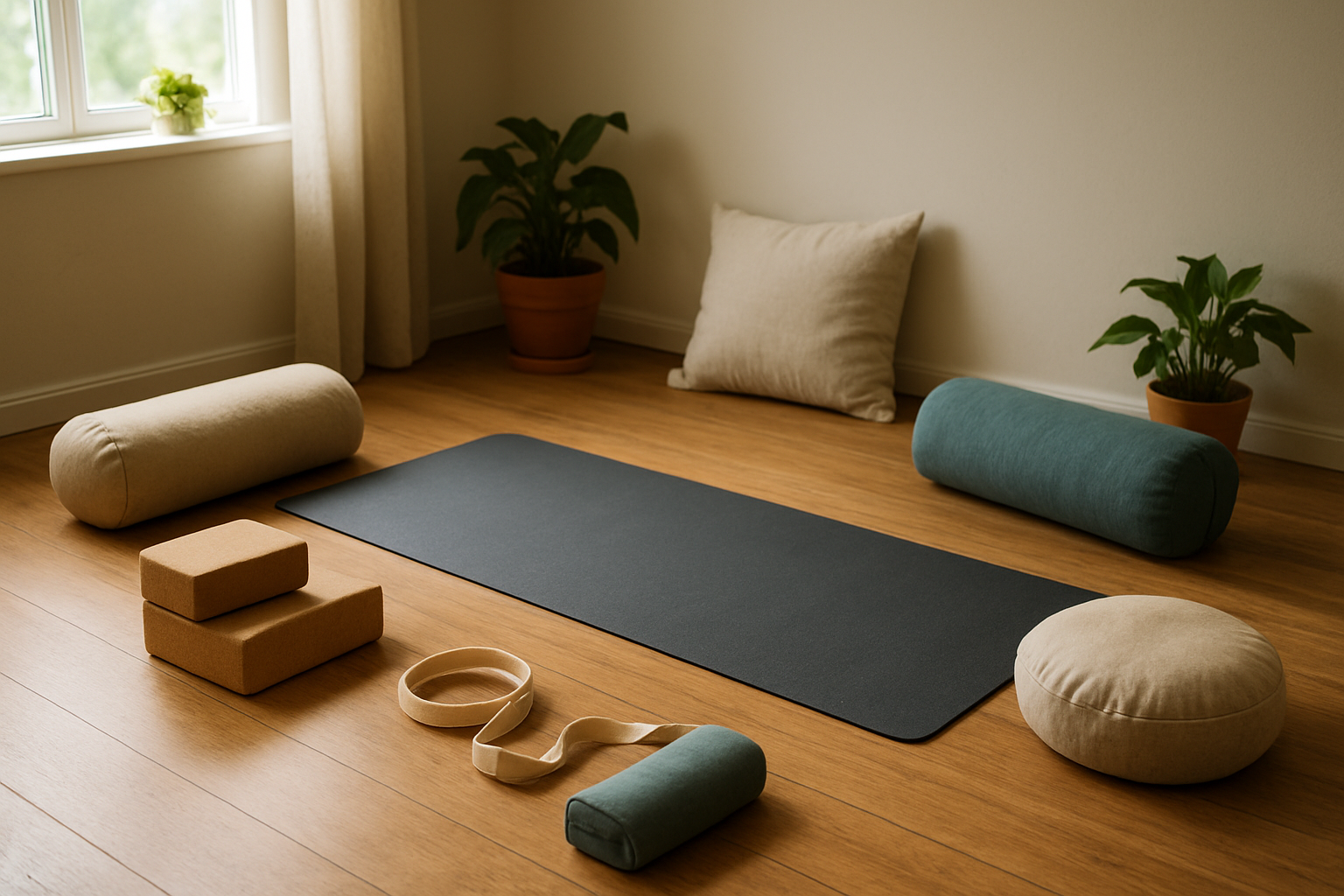 Create a realistic image of a peaceful home yoga space with a yoga mat laid out on a wooden floor, surrounded by supportive props including yoga blocks, bolsters, straps, and cushions of various sizes, with soft natural lighting streaming through a nearby window, plants in the background, and a calm, welcoming atmosphere that suggests inclusivity and comfort for practitioners of all abilities, absolutely NO text should be in the scene.