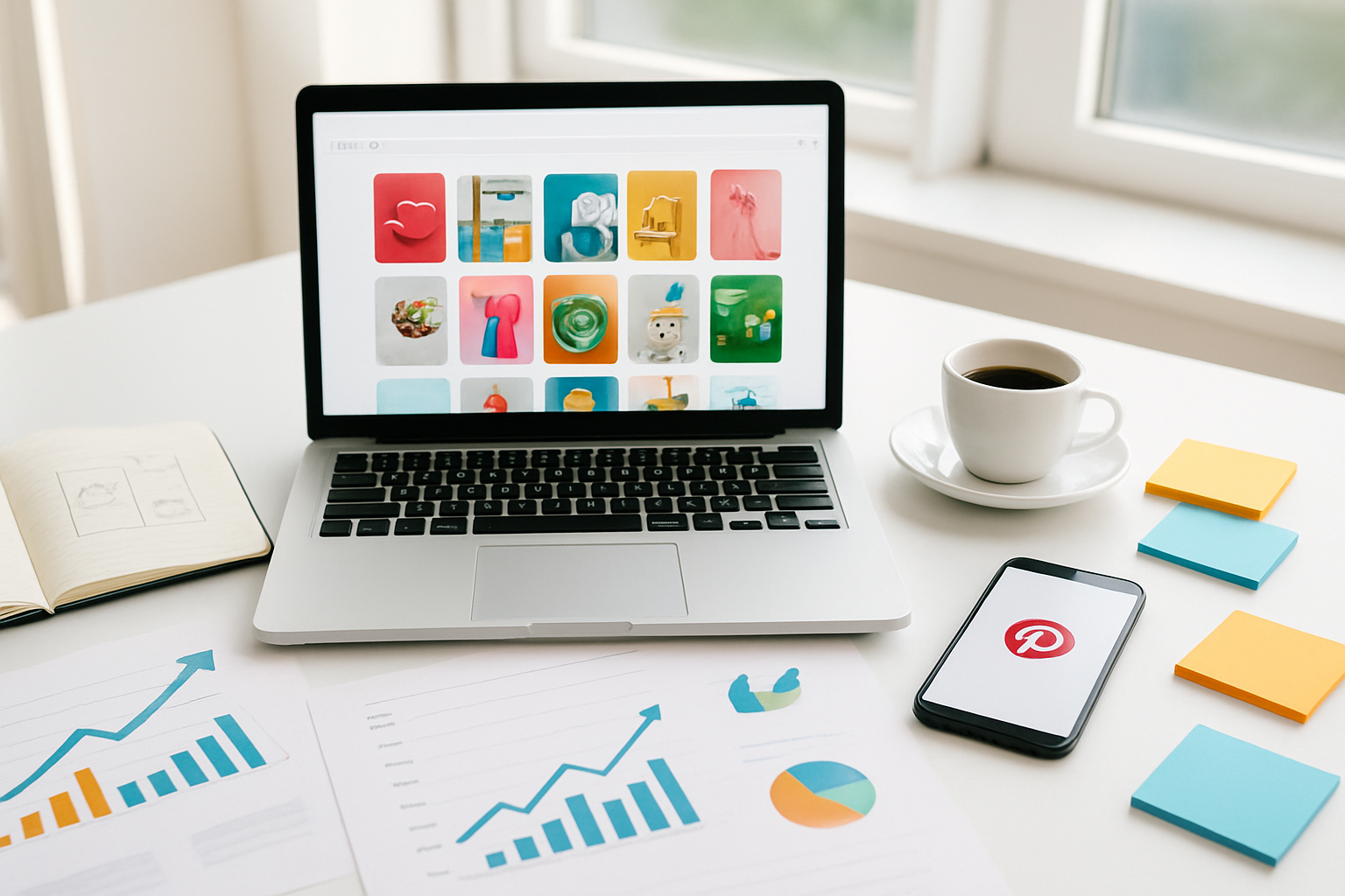 Create a realistic image of a modern workspace featuring a laptop displaying Pinterest's interface with colorful pins visible on screen, surrounded by marketing analytics charts and graphs showing upward trending arrows, conversion rate statistics, and traffic flow diagrams, with a smartphone showing Pinterest mobile app nearby, coffee cup, notebook with sketched pin designs, and colorful sticky notes on a clean white desk, bright natural lighting from a window, professional and organized atmosphere suggesting successful digital marketing strategy, absolutely NO text should be in the scene.