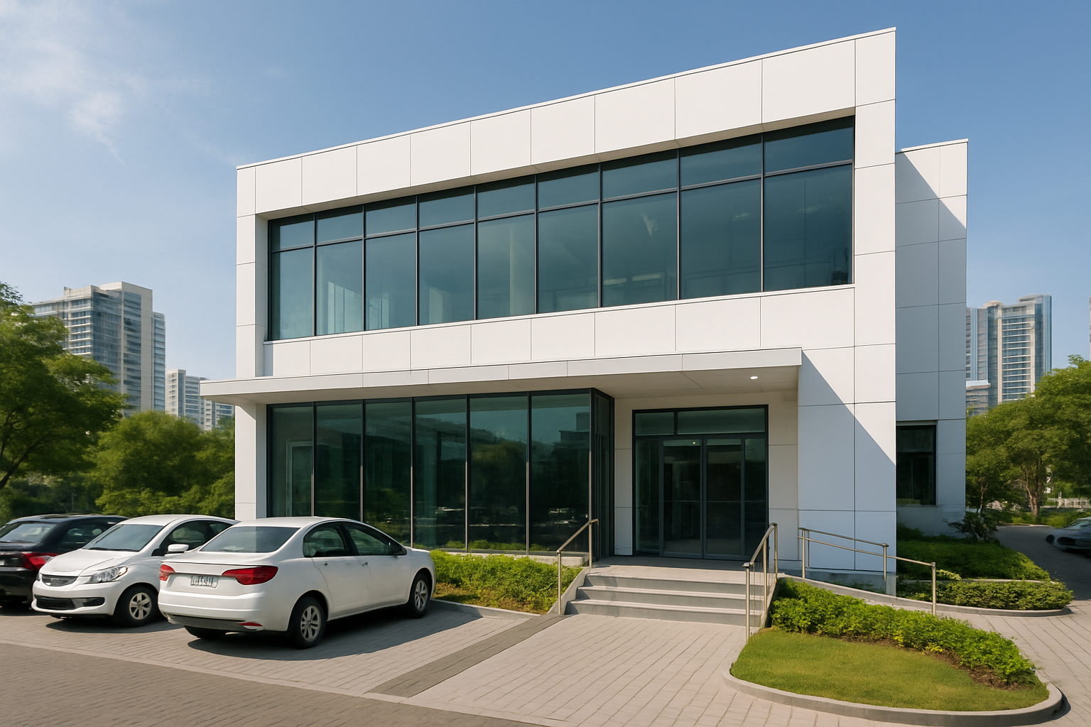 Create a realistic image of a modern dermatology clinic exterior in Bangalore, India, showing a sleek glass-fronted medical building with contemporary architecture, clean white and glass facade, visible clinic signage, well-maintained entrance with automatic glass doors, landscaped parking area with several cars, urban Indian cityscape in the background with modern buildings, bright daylight with clear sky, professional medical facility appearance with accessible ramps and modern lighting fixtures, absolutely NO text should be in the scene.
