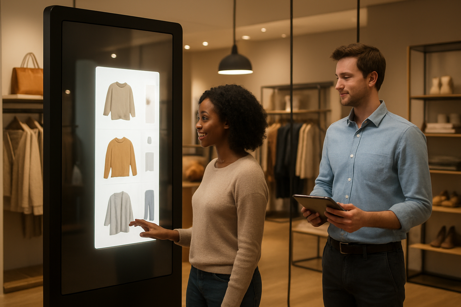 Create a realistic image of a modern retail store interior where a black female customer is interacting with an AI-powered digital kiosk or smart mirror displaying personalized product recommendations, while a white male store associate nearby uses a tablet to assist with customer service, featuring sleek contemporary retail displays with clothing and accessories, warm ambient lighting with digital screens glowing softly, creating an innovative and welcoming shopping atmosphere that demonstrates the seamless integration of generative AI technology in customer engagement, absolutely NO text should be in the scene.
