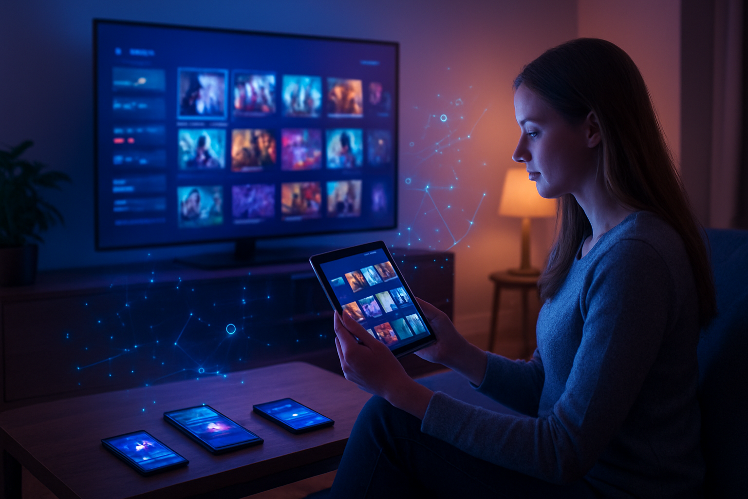 Create a realistic image of a modern living room where a young white female sits on a sleek couch holding a tablet displaying personalized movie recommendations, with a smart TV in the background showing a customized streaming interface with genre categories and suggested content, multiple devices like smartphones and laptops scattered nearby showing different entertainment apps, ambient blue and purple lighting from the screens creating a cozy tech-forward atmosphere, with AI processing visual elements like floating data points and recommendation algorithms subtly represented as glowing geometric shapes in the air around the devices, warm evening lighting complementing the digital glow, absolutely NO text should be in the scene.