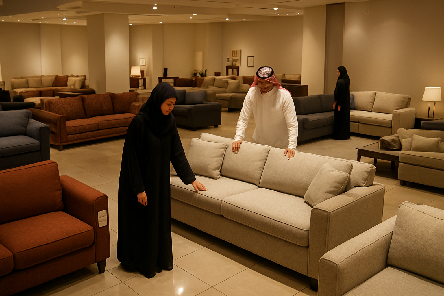 Create a realistic image of a bustling furniture showroom interior in Jeddah showcasing multiple affordable custom sofa displays, featuring various fabric sofas in different styles and colors including sectionals and traditional Arabic seating, with price tags visible on furniture pieces, Middle Eastern male and female customers browsing and examining the upholstery, warm ambient lighting highlighting the furniture displays, modern showroom setting with polished floors and organized furniture arrangements, professional atmosphere suggesting quality yet budget-friendly options, absolutely NO text should be in the scene.