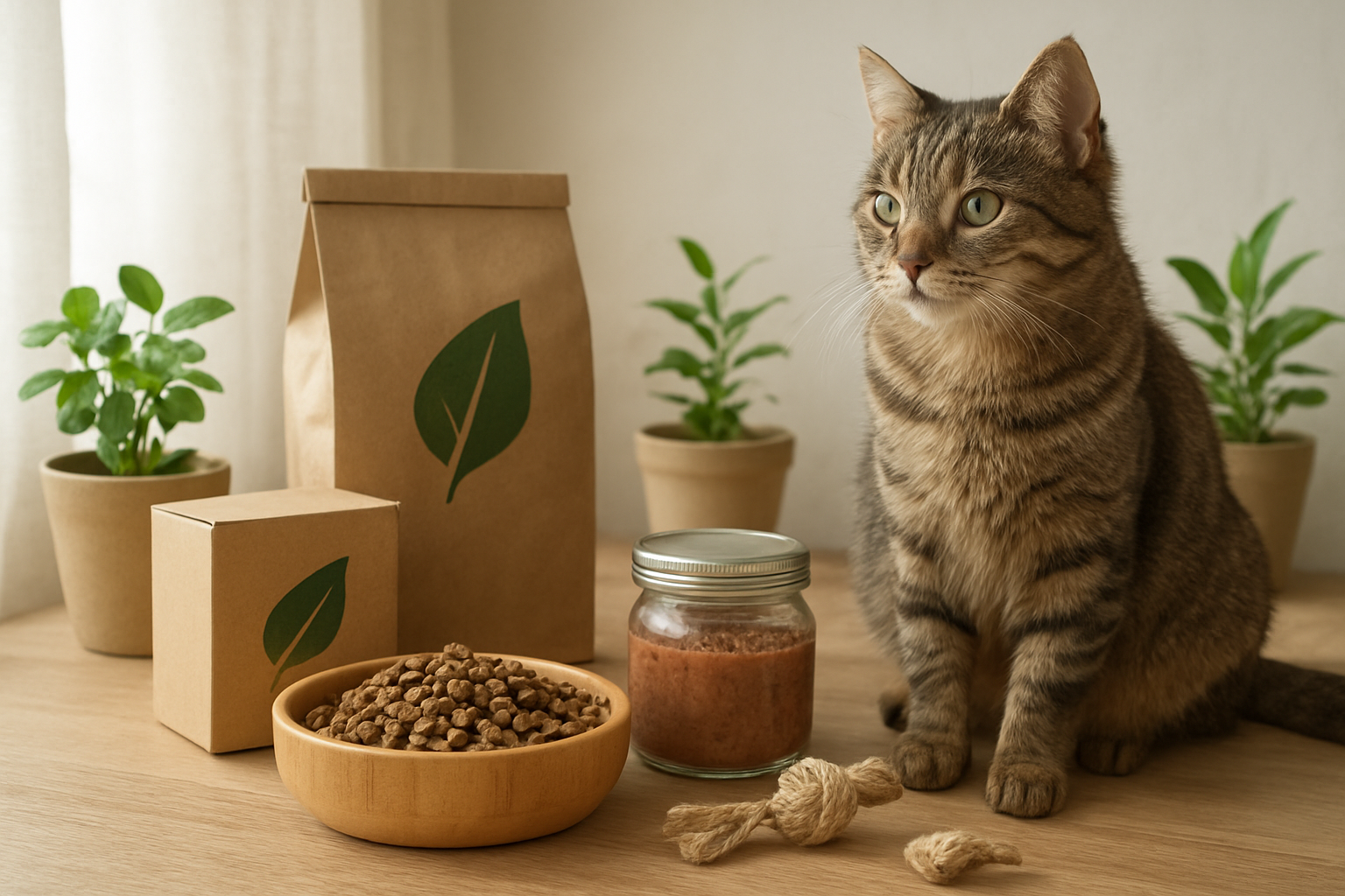 Create a realistic image of an elegant tabby cat sitting beside multiple eco-friendly cat food bowls and containers, featuring organic dry kibble in a bamboo bowl, wet food in a recyclable glass jar, and sustainable packaging made from recycled cardboard with green leaf symbols, arranged on a natural wooden surface with soft natural lighting filtering through a window, surrounded by small potted plants and hemp cat toys, creating a clean and environmentally conscious pet feeding setup. Absolutely NO text should be in the scene.