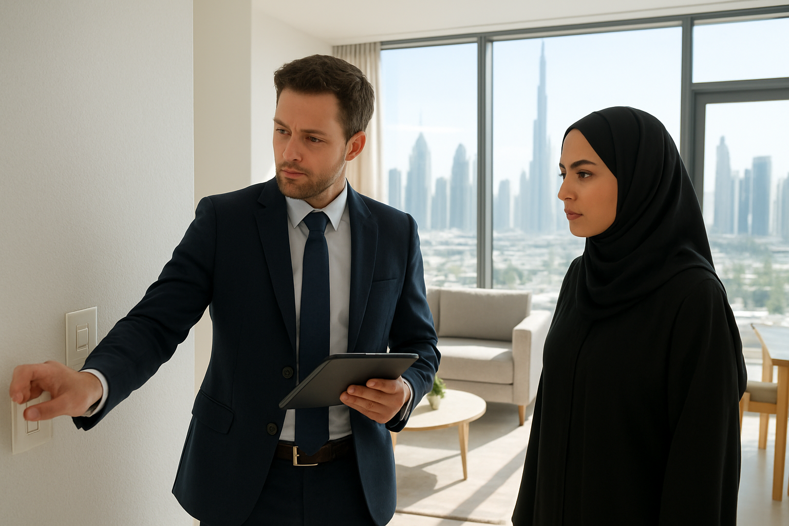 Create a realistic image of a professional white male property inspector in business attire holding a digital tablet and clipboard while examining a modern Dubai apartment interior, with a Middle Eastern female client observing nearby, showing detailed inspection of wall finishes, electrical outlets, and fixtures, set in a bright contemporary living space with floor-to-ceiling windows revealing Dubai's skyline, natural daylight streaming in creating a clean professional atmosphere, focus on the meticulous inspection process that demonstrates cost-saving expertise, absolutely NO text should be in the scene.