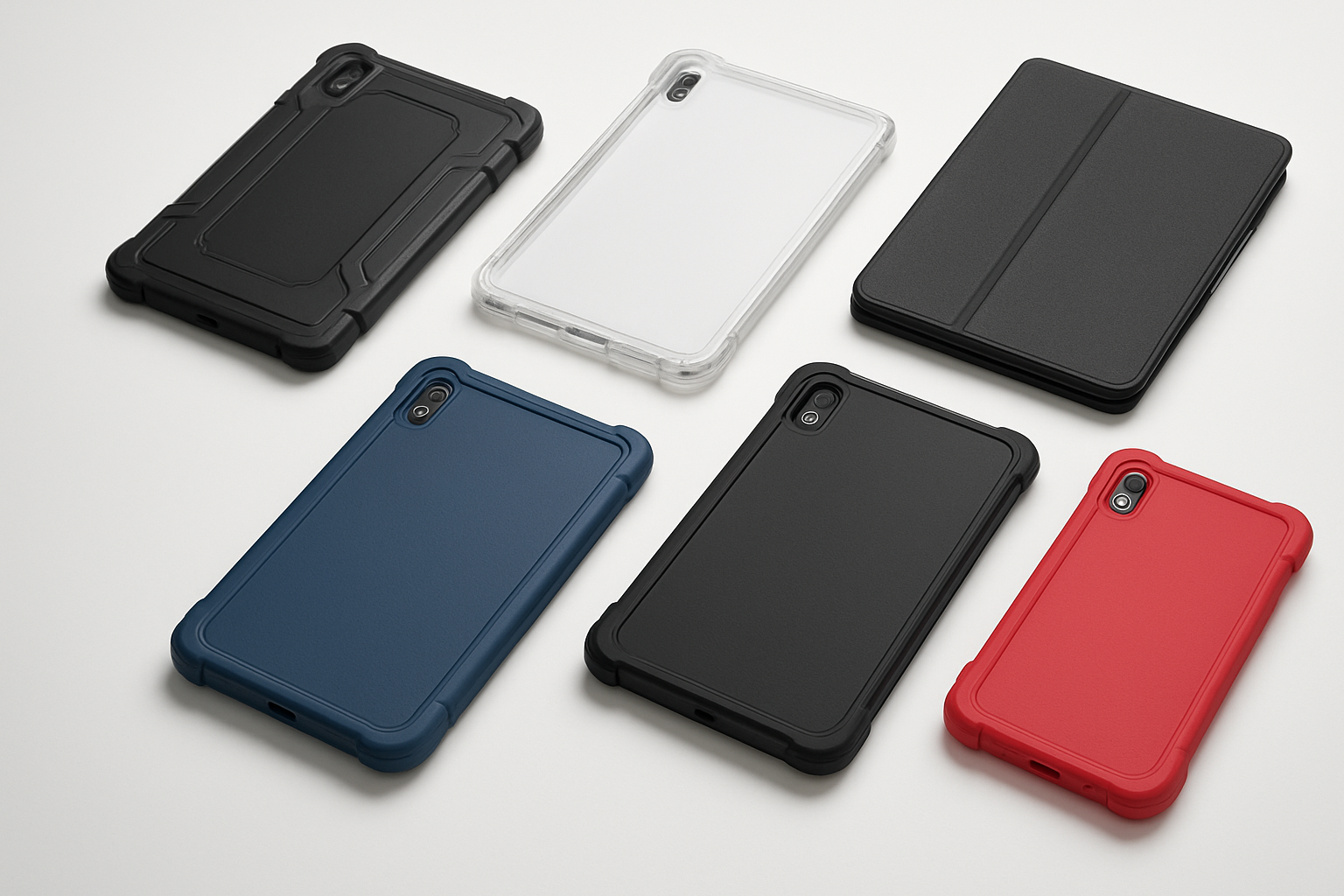 Create a realistic image of multiple high-quality protective cases for Samsung Galaxy Tab A9+ tablets arranged on a clean white surface, featuring various case styles including rugged armor cases with reinforced corners, clear transparent cases, folio-style cases with kickstands, and shock-absorbing silicone cases in different colors like black, blue, and red, with soft studio lighting creating subtle shadows, shot from a slightly elevated angle to showcase the variety and protective features of each case design, Absolutely NO text should be in the scene.
