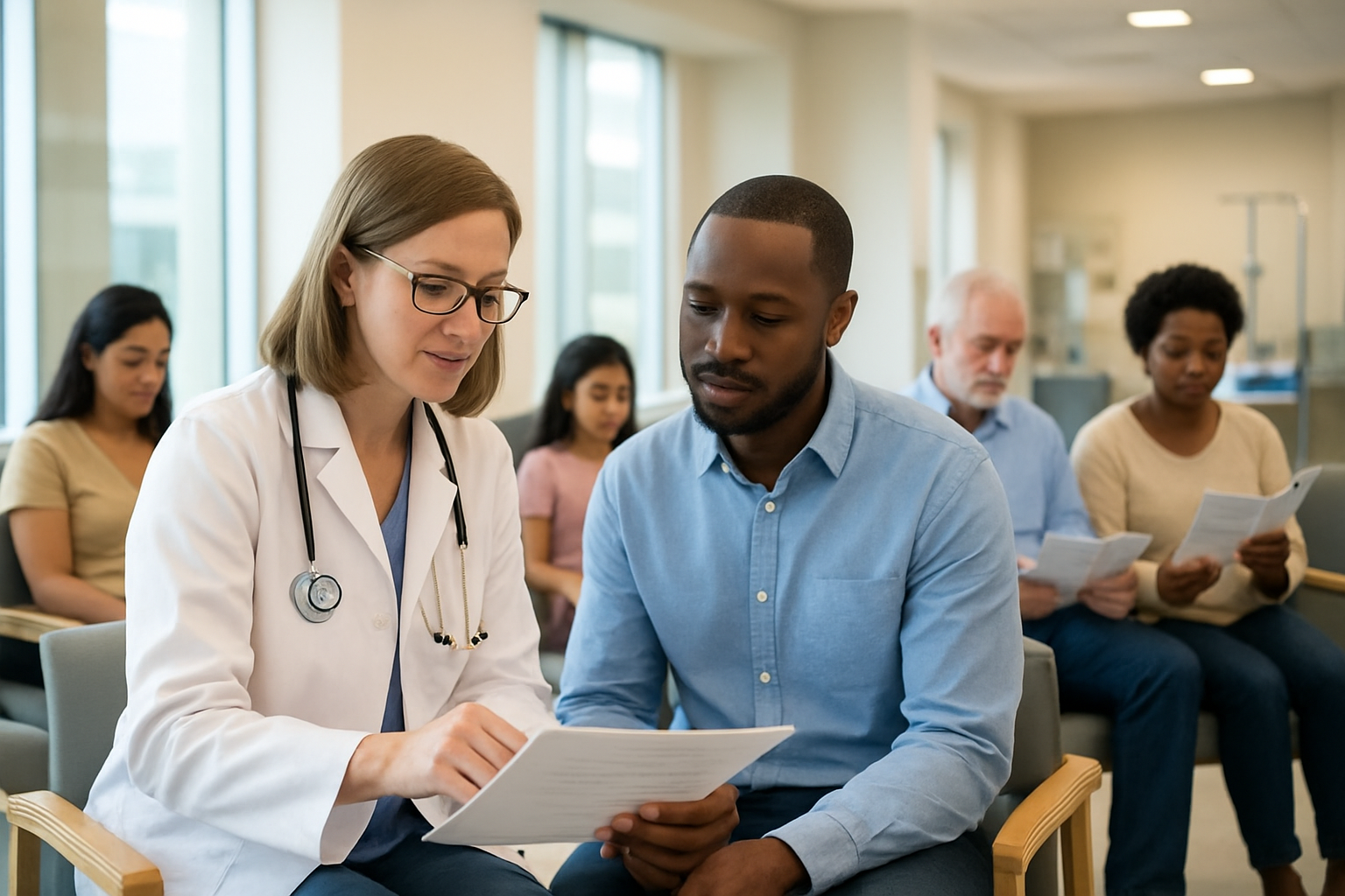 Create a realistic image of a diverse group of patients and families sitting in a modern hospital waiting area, showing a white female doctor in a white coat consulting with a black male patient while reviewing medical documents, with other patients of various ethnicities reading informational brochures about cancer treatment options, set against a clean, bright hospital interior with comfortable seating, large windows letting in natural light, and subtle medical equipment in the background, conveying a sense of hope, professionalism, and comprehensive care, with soft, warm lighting that creates a reassuring and peaceful atmosphere, absolutely NO text should be in the scene.