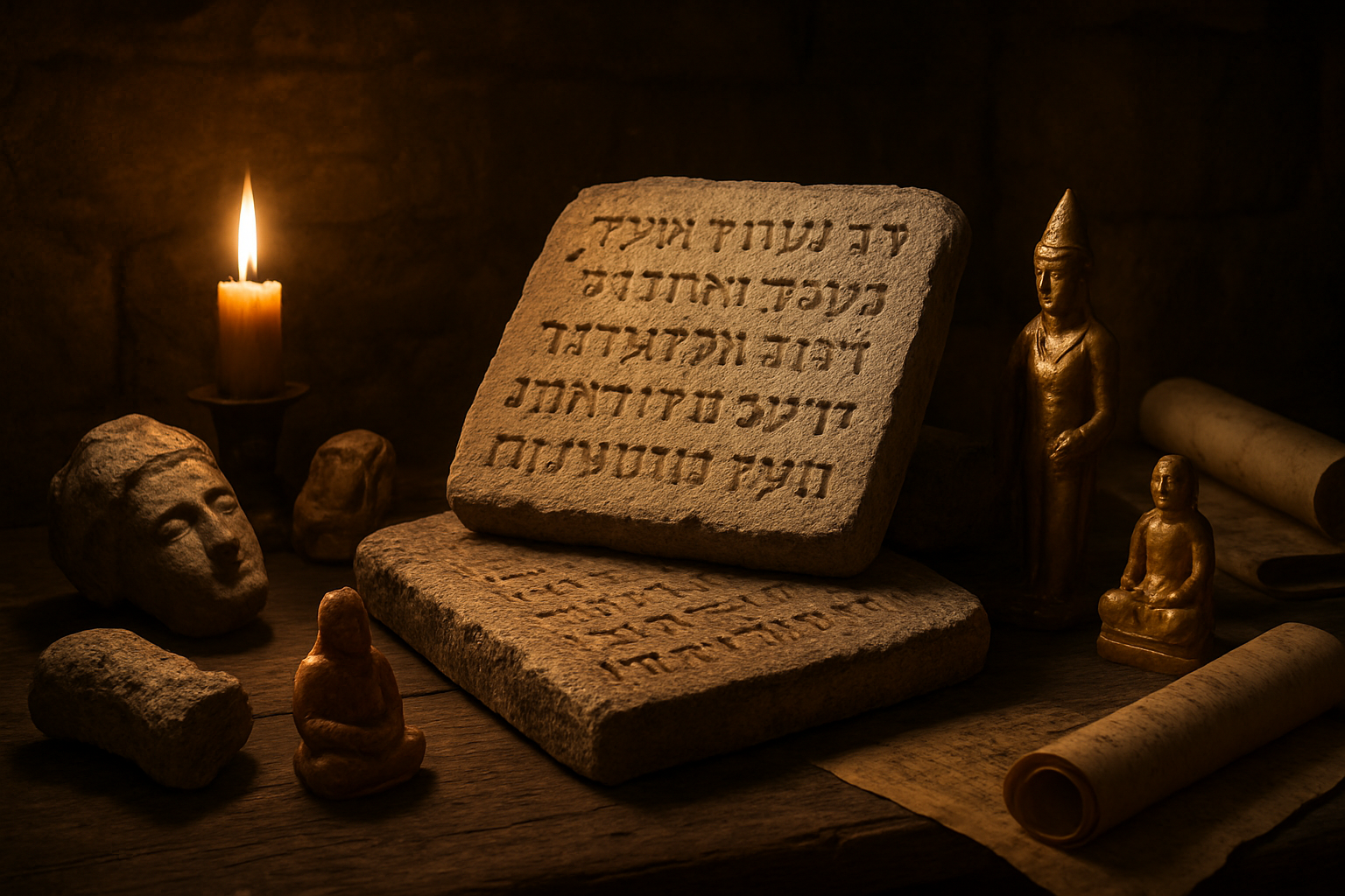 Create a realistic image of ancient stone tablets with Hebrew inscriptions lying on a wooden table, surrounded by broken pagan idols and small deity statues made of gold and clay, with scrolls of ancient manuscripts partially unrolled nearby, set in a dimly lit stone chamber with warm candlelight casting shadows on the walls, creating a solemn and scholarly atmosphere that contrasts the monotheistic Hebrew texts with the remnants of polytheistic worship, absolutely NO text should be in the scene.