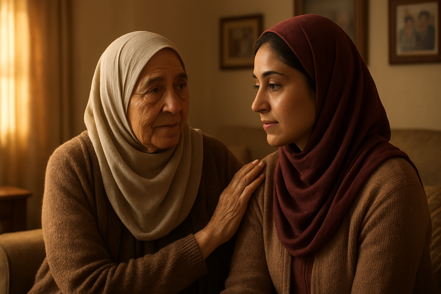 Create a realistic image of an elderly Middle Eastern woman with gentle, wise eyes sitting beside a younger Middle Eastern woman in a warm, softly lit living room, the older woman's hand resting compassionately on the younger woman's shoulder as they share an intimate conversation, with warm golden lighting streaming through a window, comfortable furniture and family photos visible in the background creating a nurturing domestic atmosphere that conveys mentorship and unconditional love, absolutely NO text should be in the scene.