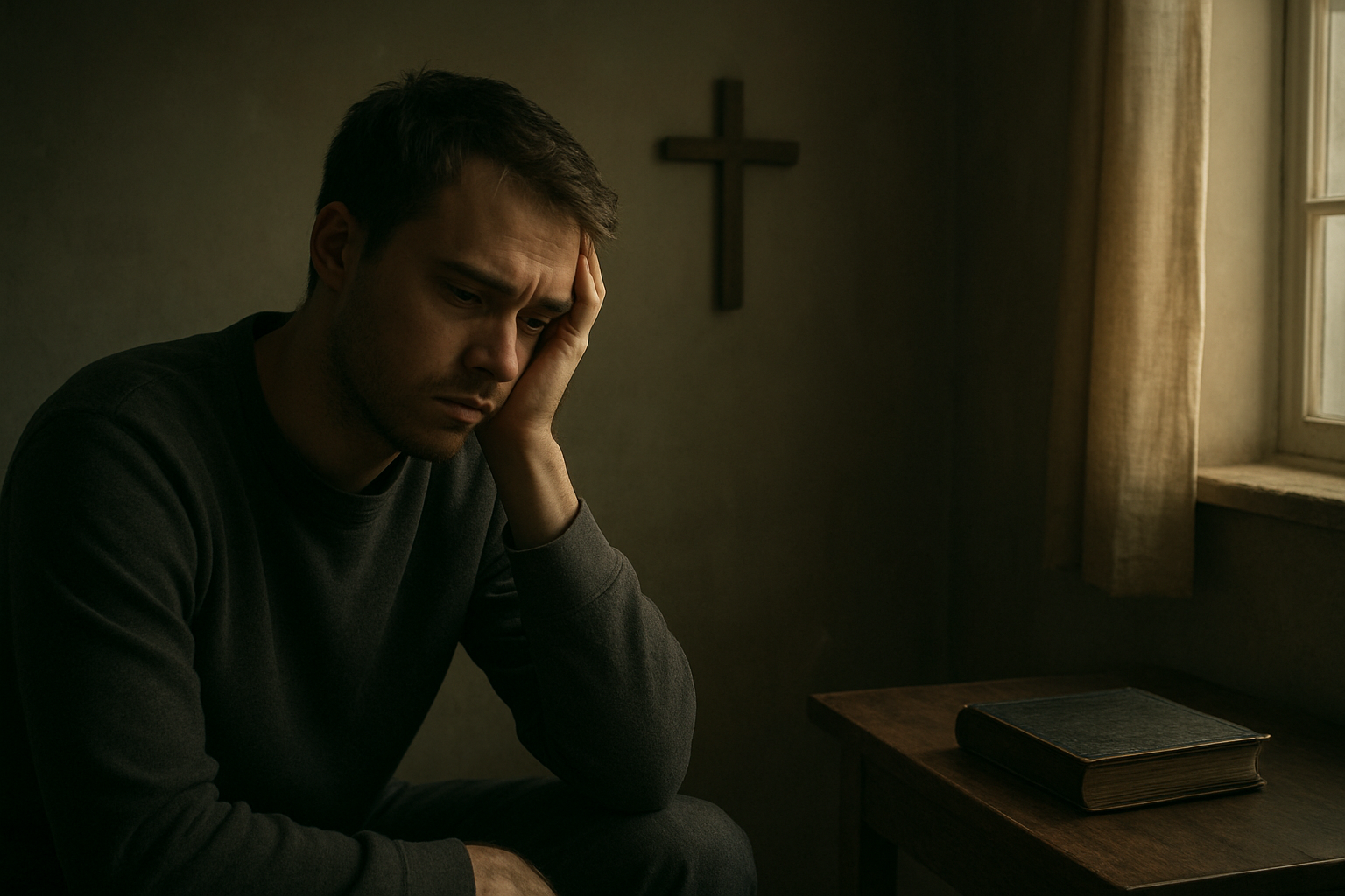 Create a realistic image of a person sitting alone in a dimly lit room, looking contemplative and slightly weary, with their head resting on their hand in a thoughtful pose, surrounded by subtle signs of spiritual practice like a closed Bible on a nearby table, a cross on the wall, and morning light filtering through a window suggesting the passage of time after a significant spiritual season, conveying a sense of spiritual emptiness or challenge in maintaining faith momentum, with muted colors and soft shadows creating a reflective, introspective atmosphere, absolutely NO text should be in the scene.