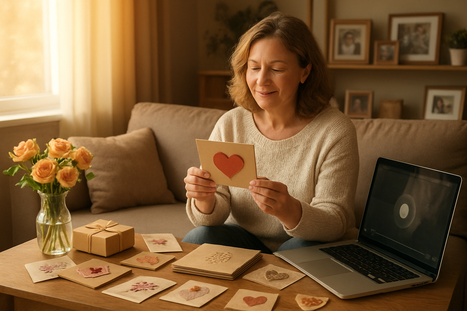 Create a realistic image of a warm, cozy living room scene with a white middle-aged mother sitting on a comfortable sofa surrounded by handmade DIY gifts including photo albums, crafted cards, and small decorative items, with a laptop open nearby showing a paused video recording interface, soft natural lighting streaming through a window creating a golden hour atmosphere, fresh flowers in a vase on a coffee table, and family photos displayed on shelves in the background, conveying a heartfelt and celebratory Mother's Day mood, absolutely NO text should be in the scene.
