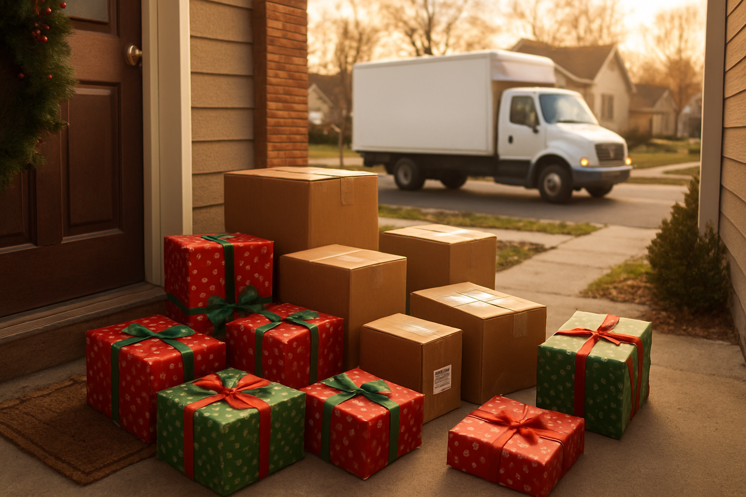 Create a realistic image of Christmas gift packages and shopping boxes being delivered to a front door, with a delivery truck parked on a residential street in the background, packages wrapped in festive red and green paper with ribbons scattered on a doorstep, some boxes marked with shipping labels, a cozy suburban home setting with warm afternoon lighting, conveying the busy holiday delivery season atmosphere, absolutely NO text should be in the scene.