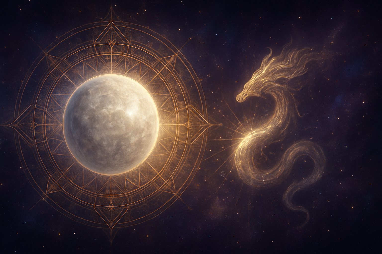Create a realistic image of a celestial scene showing the planet Venus glowing with a bright, silvery-white luminescence in a deep cosmic space background filled with distant stars and nebulae, with Ketu represented as a mystical dragon