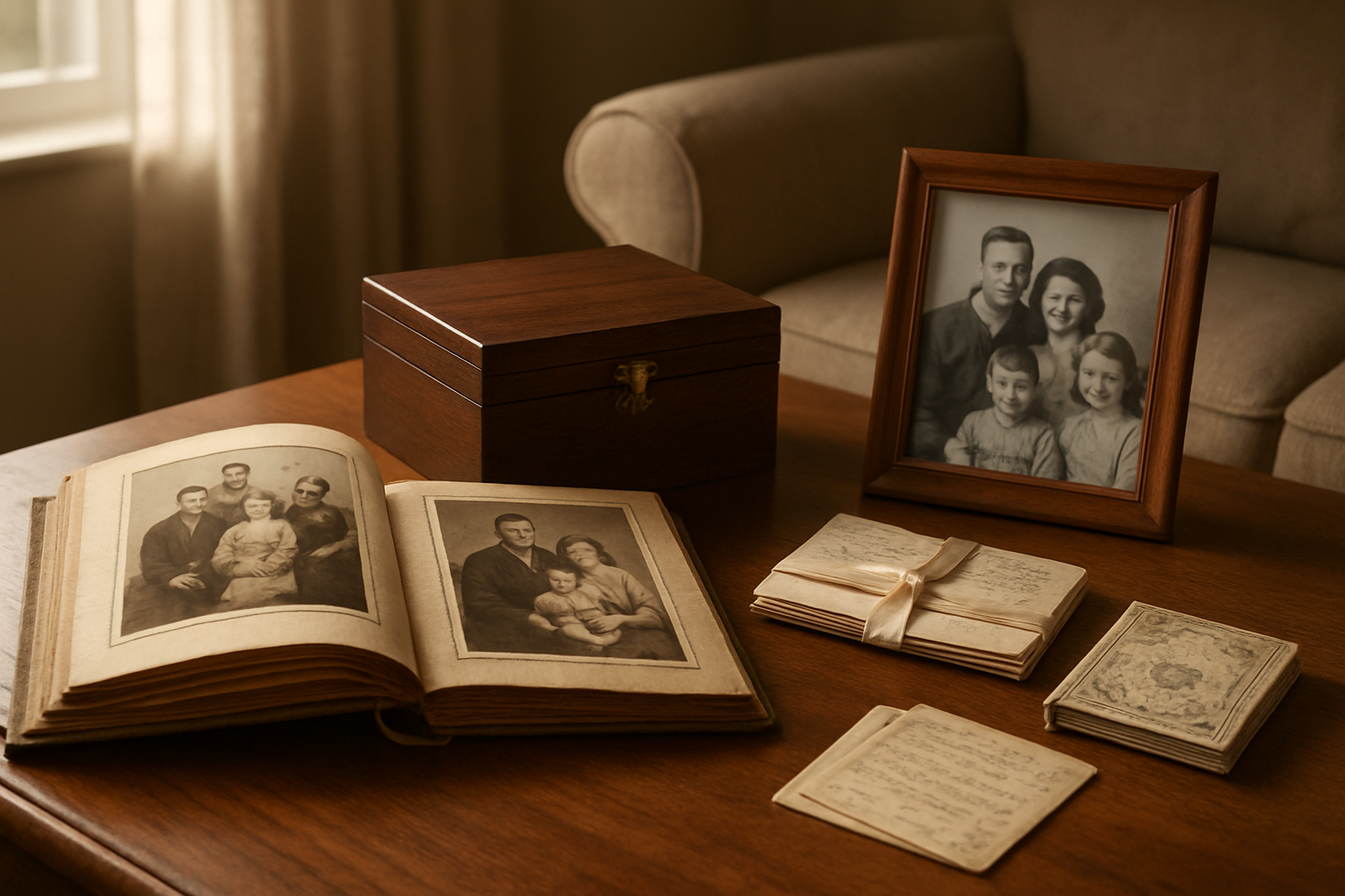 Create a realistic image of a cozy living room table displaying an elegant collection of memory keepsake gifts including a vintage photo album with sepia family photographs visible, a beautiful wooden memory box with brass hinges, a custom photo frame containing a black and white family portrait, handwritten letters tied with a silk ribbon, and a small decorative scrapbook, all arranged on a warm wooden surface with soft natural lighting streaming through a nearby window, creating gentle shadows and a nostalgic atmosphere that celebrates cherished life memories, with a comfortable armchair partially visible in the background suggesting a peaceful home setting, absolutely NO text should be in the scene.