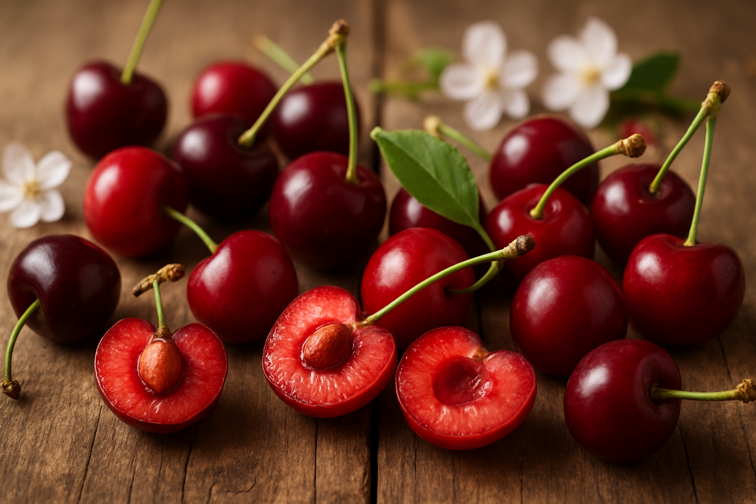 Create a realistic image of fresh red cherries with stems and leaves arranged on a rustic wooden surface, showing both sweet and sour cherry varieties in close-up detail, with some cherries cut in half to reveal the pit inside, soft natural lighting highlighting the glossy skin texture and vibrant colors, with a few scattered cherry blossoms in the background suggesting their botanical origins, warm and inviting atmosphere that emphasizes the natural beauty and diversity of cherry fruits, absolutely NO text should be in the scene.