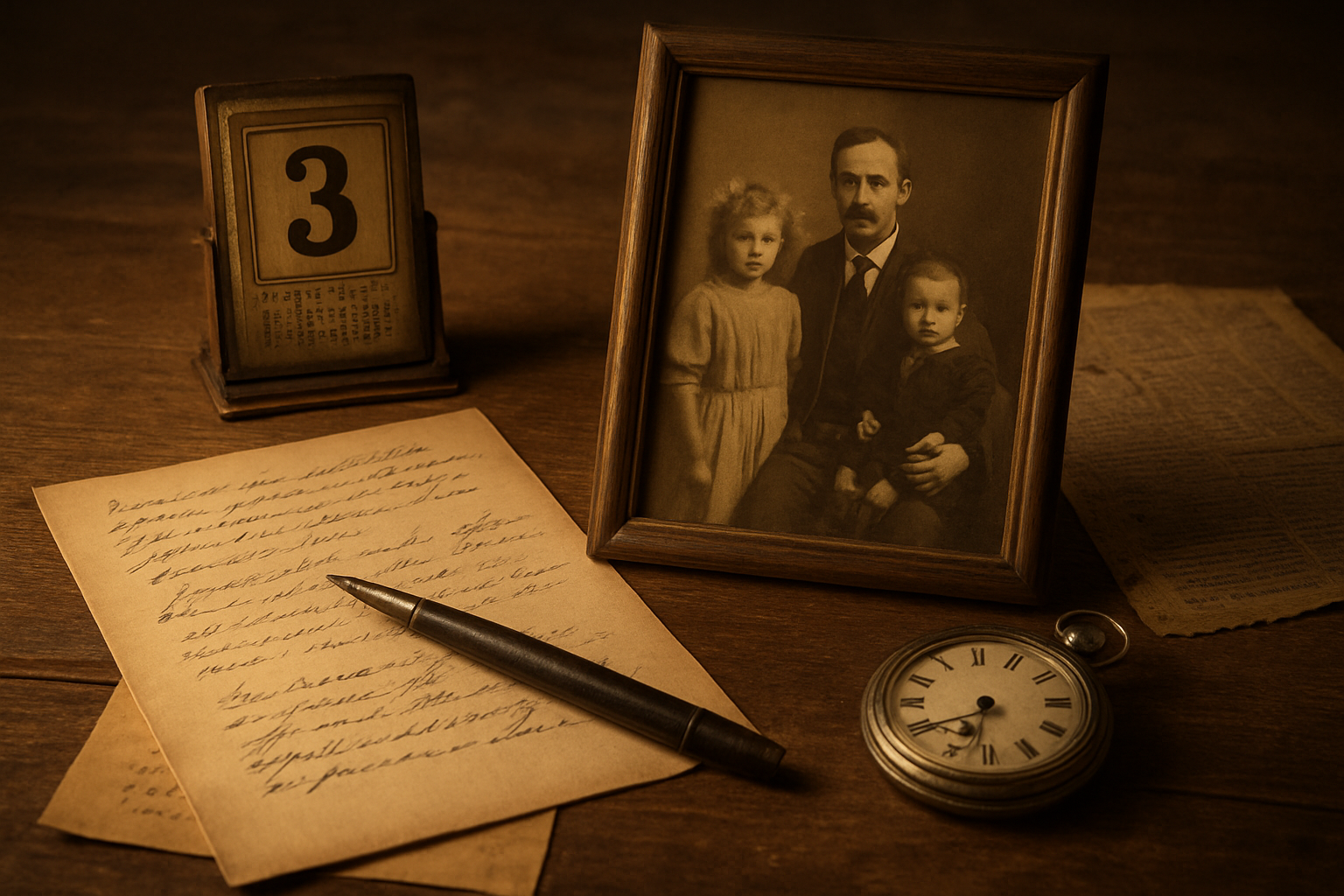 Create a realistic image of an antique wooden desk with vintage items representing early 20th century America, featuring an old sepia-toned family photograph showing a white father with his children, a vintage calendar from the 1910s, an old fountain pen with handwritten letters, aged newspaper clippings, and a pocket watch, all arranged on weathered wood with soft warm lighting creating nostalgic shadows, evoking the historical period when Father's Day traditions began, absolutely NO text should be in the scene.