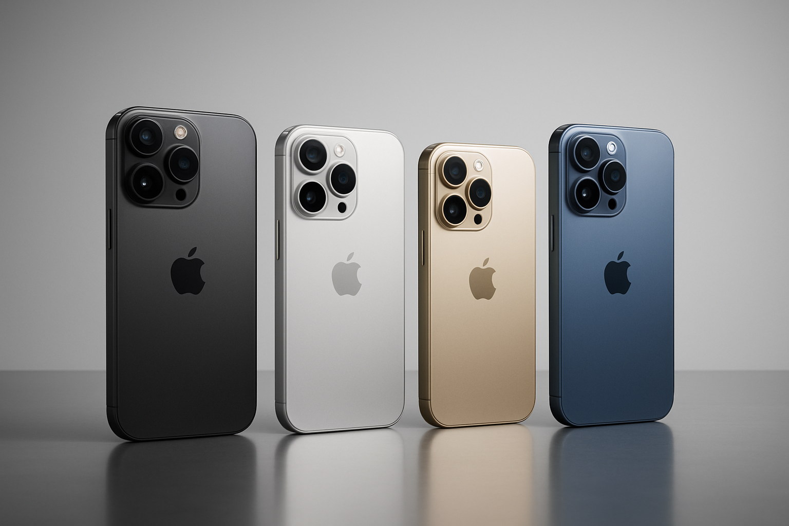 Create a realistic image of multiple iPhone 17 models displayed elegantly on a sleek modern surface, showing different sizes and color variants including space black, silver, gold, and blue, with each phone positioned at slightly different angles to showcase their designs, set against a clean minimalist background with soft studio lighting that highlights the premium metallic finishes and camera systems, creating a professional product showcase atmosphere typical of Apple presentations, with subtle reflections on the glossy surface beneath the devices, absolutely NO text should be in the scene.
