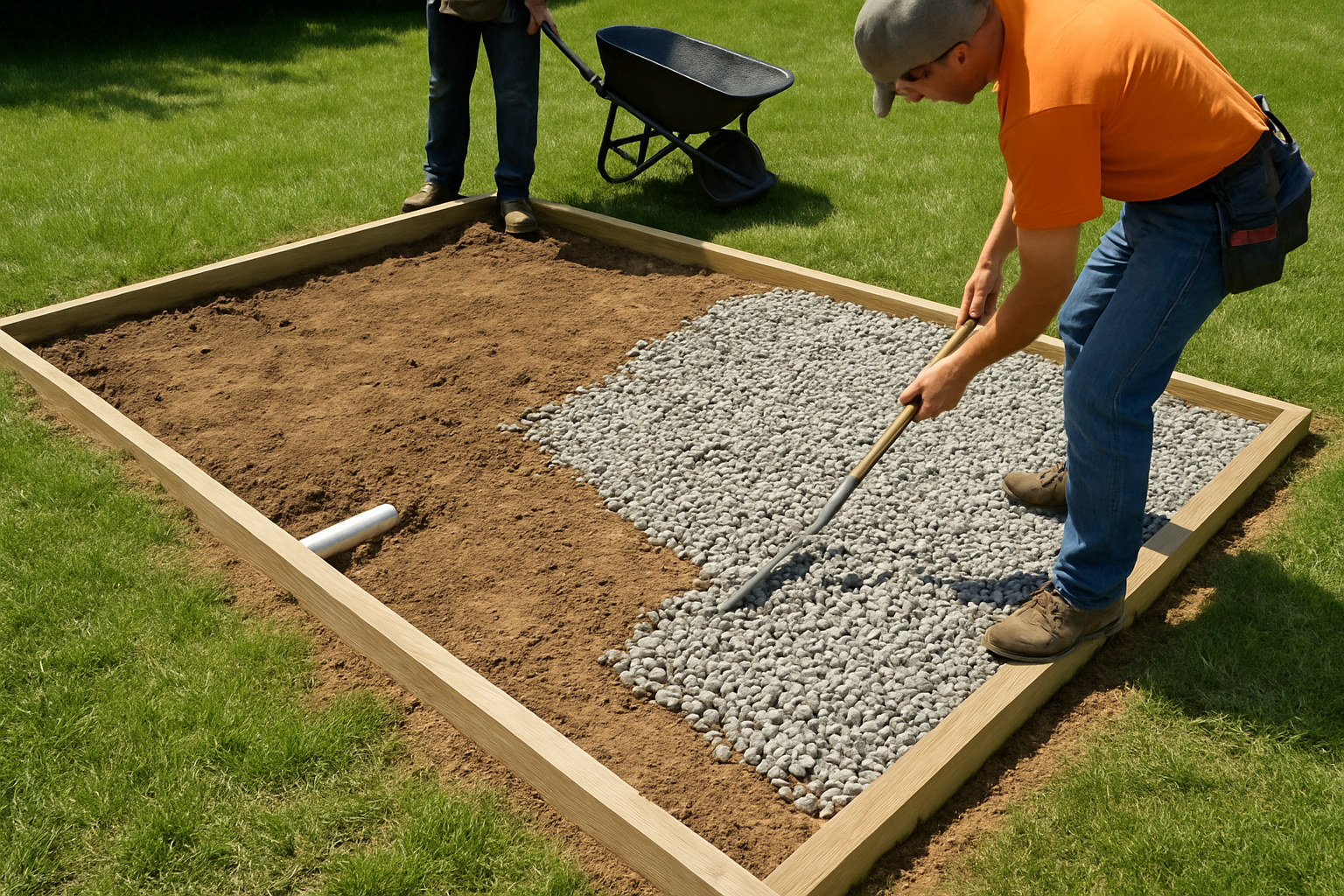 Create a realistic image of a partially constructed 5x8 rectangular outdoor dog potty area showing the surface preparation phase with leveled ground, exposed underground drainage pipe connections, and workers beginning to install decorative rocks and gravel, set in a backyard with green grass surrounding the marked construction area, bright daylight conditions with clear shadows. Absolutely NO text should be in the scene.