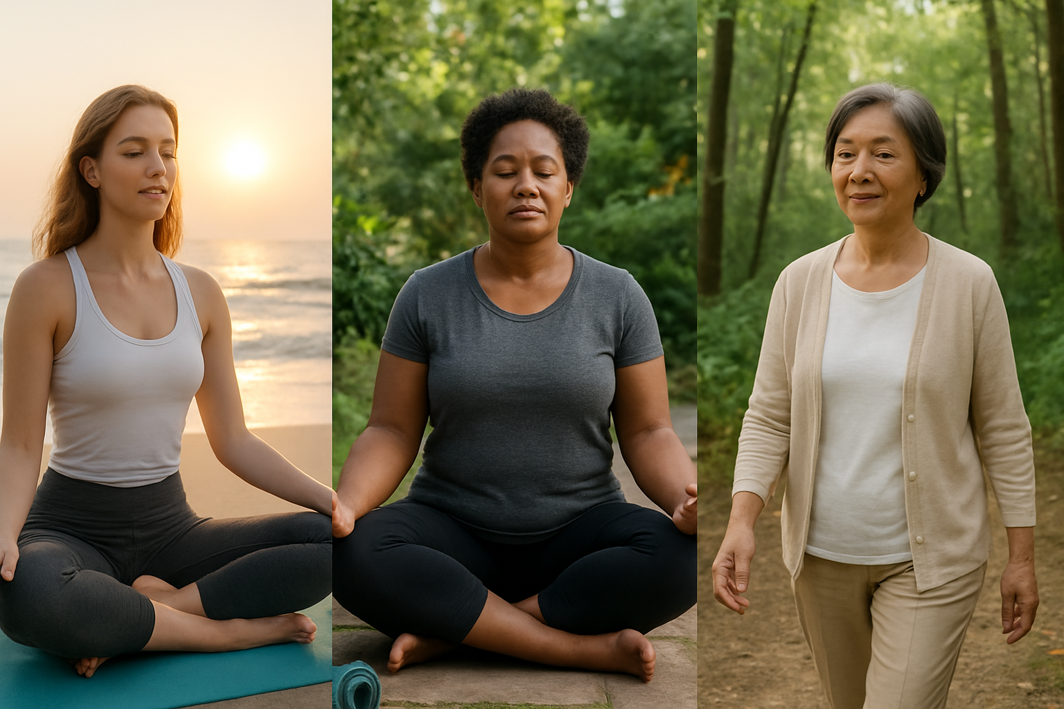 Create a realistic image of diverse women of different ages and ethnicities including white, black, and Asian females engaging in mindful wellness activities during travel, showing a young white woman doing yoga on a beach at sunrise, a middle-aged black woman meditating in a peaceful garden setting, and an elderly Asian woman walking mindfully through a serene forest path, with soft natural lighting creating a calm and rejuvenating atmosphere, surrounded by elements like yoga mats, water bottles, and lush greenery that emphasize health and wellness focus, capturing the essence of women prioritizing their physical and mental well-being across different life stages while traveling, absolutely NO text should be in the scene.