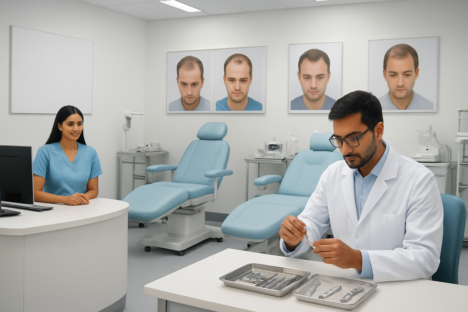 Create a realistic image of a modern hair transplantation clinic interior showcasing multiple service areas including a consultation desk with medical charts, advanced hair transplant equipment like microscopes and surgical instruments on sterile tables, comfortable patient examination chairs, before-and-after photo displays on walls, and a clean professional medical environment with bright clinical lighting, featuring an Indian male doctor in a white coat examining hair transplant tools and an Indian female receptionist at the front desk, all set in a spacious well-organized clinic with white and light blue color scheme. Absolutely NO text should be in the scene.