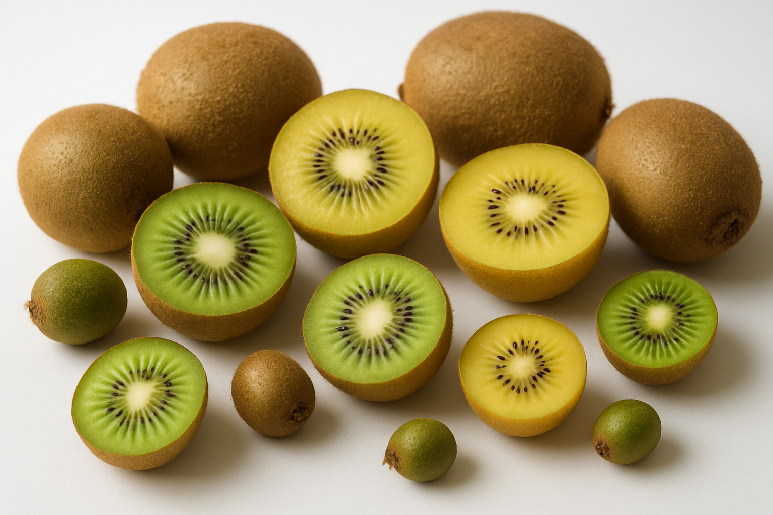 Create a realistic image of various kiwi fruit varieties displayed on a clean white surface, showing both whole kiwis with their brown fuzzy exterior skin and several cut kiwis revealing their vibrant green flesh with distinctive white center and tiny black seeds arranged in a circular pattern, including different varieties such as traditional green kiwis, golden yellow kiwis, and baby kiwis of varying sizes, with soft natural lighting highlighting the textural contrast between the rough brown skin and smooth colorful interior, creating an educational display that showcases the physical diversity of kiwi fruits, absolutely NO text should be in the scene.
