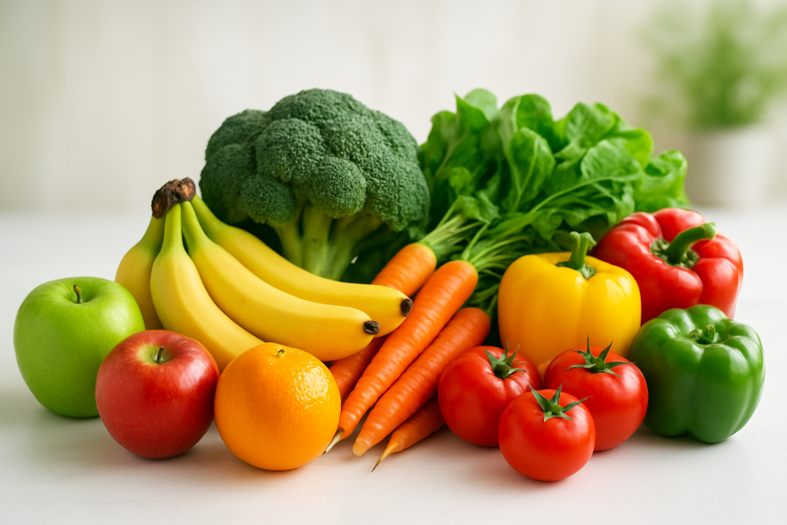 Create a realistic image of a vibrant display of fresh fruits and vegetables arranged on a clean white surface, including colorful apples, oranges, bananas, broccoli, carrots, leafy greens, bell peppers, and tomatoes, with a subtle health-focused background featuring soft natural lighting that emphasizes the freshness and nutritional value of the produce, creating an inviting and wholesome atmosphere that conveys wellness and healthy eating benefits, absolutely NO text should be in the scene.