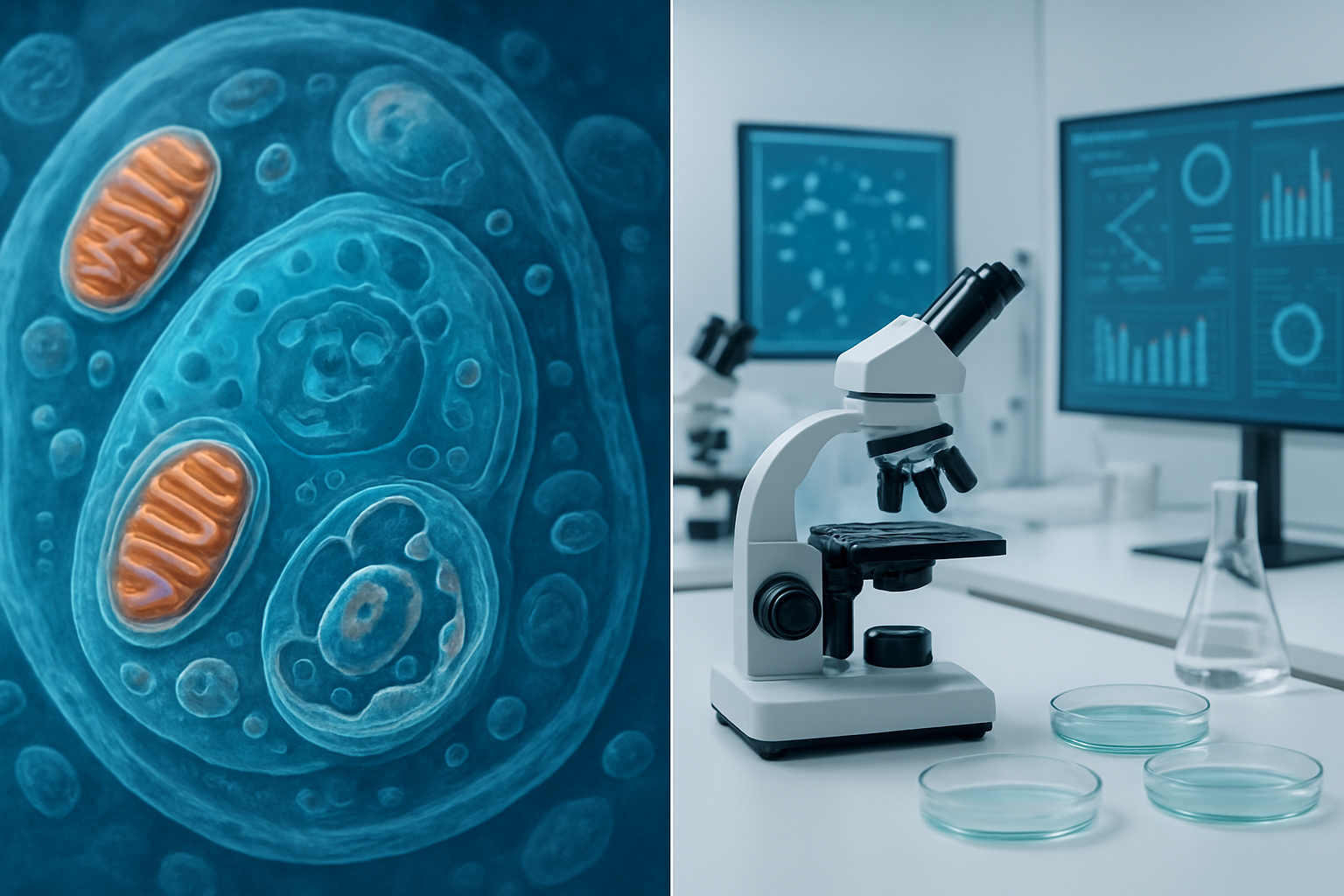 Create a realistic image of a split-screen composition showing scientific elements of intermittent fasting, featuring a detailed cross-section view of human cells with mitochondria and autophagy processes on the left side, and a modern laboratory setting with microscopes, petri dishes, scientific charts showing metabolic pathways, and digital displays showing biological data on the right side, clean white laboratory background with soft professional lighting, blue and green color scheme representing health and science, absolutely NO text should be in the scene.
