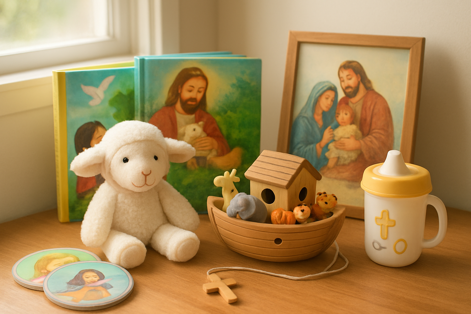 Create a realistic image of a warm, inviting scene featuring a collection of Christian toddler gifts arranged on a soft wooden table, including colorful Bible storybooks, a small wooden Noah's ark toy with animals, a gentle stuffed lamb, children's worship music CDs, a small cross necklace, religious wall art with biblical characters, and practical items like a sippy cup with faith symbols, all bathed in soft natural lighting from a nearby window, creating a peaceful and nurturing atmosphere that conveys love, faith, and childhood wonder, absolutely NO text should be in the scene.