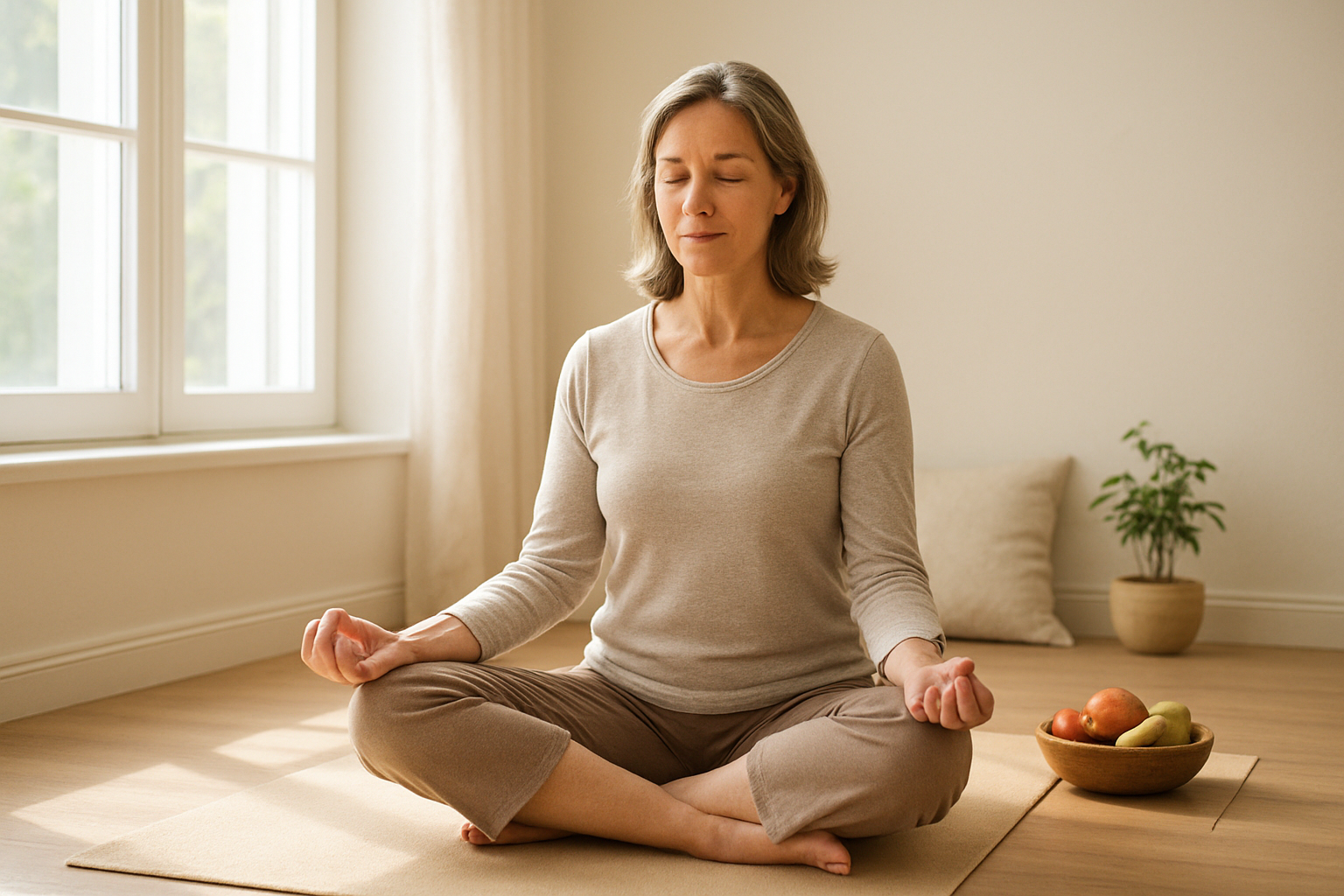 Create a realistic image of a peaceful meditation scene showing a middle-aged white female sitting cross-legged on a yoga mat in a bright, minimalist room with natural sunlight streaming through large windows, her eyes gently closed in a mindful pose with her hands resting on her knees, surrounded by subtle elements like a small potted plant, a wooden bowl with fresh fruits, and soft neutral-toned cushions, creating a serene atmosphere that emphasizes awareness and mindfulness, with warm natural lighting and a clean, uncluttered background. Absolutely NO text should be in the scene.