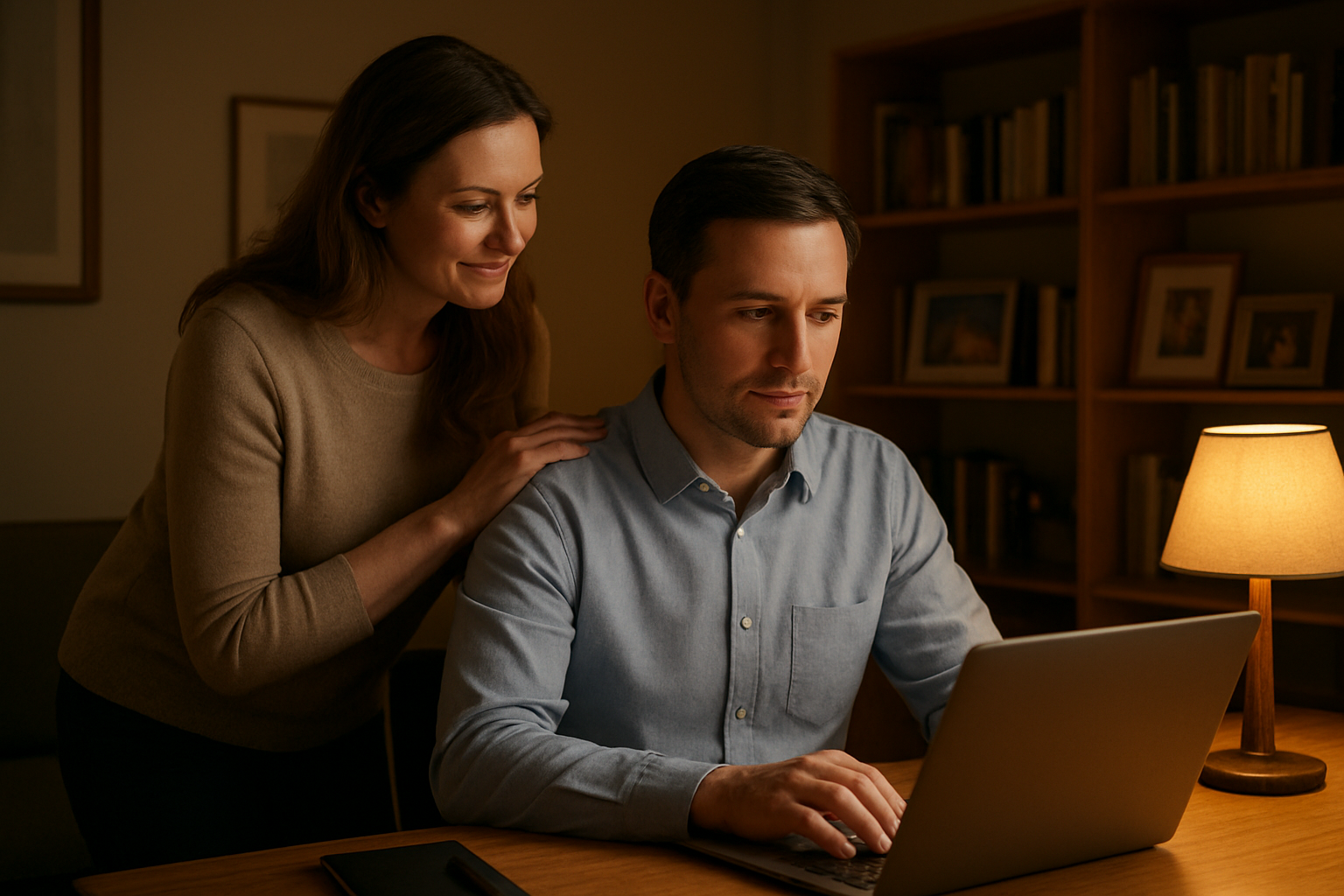 Create a realistic image of a white female and white male couple in their home, with the woman gently placing her hand on her husband's shoulder as he sits at a desk working, showing care and encouragement, warm golden lighting from a nearby lamp creating a cozy atmosphere, comfortable home office setting with bookshelves and family photos in the background, peaceful and loving mood conveying partnership and mutual support, absolutely NO text should be in the scene.