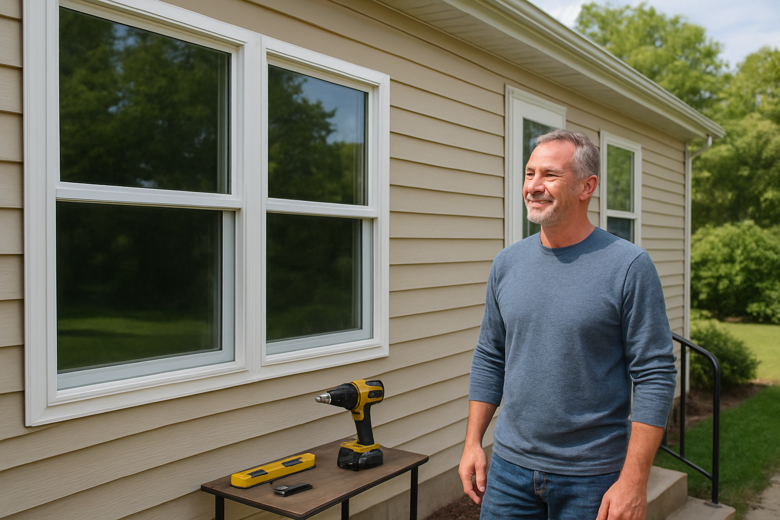 Create a realistic image of a modern mobile home exterior showcasing newly installed energy-efficient windows with double-pane glass and white frames, featuring a satisfied middle-aged white male homeowner standing near the entrance admiring the completed window installation project, with installation tools like a drill and level neatly organized on a small table nearby, bright natural daylight illuminating the scene to highlight the crystal-clear new windows, lush green landscaping in the background, and a sense of accomplishment and home improvement completion in the peaceful residential setting, absolutely NO text should be in the scene.