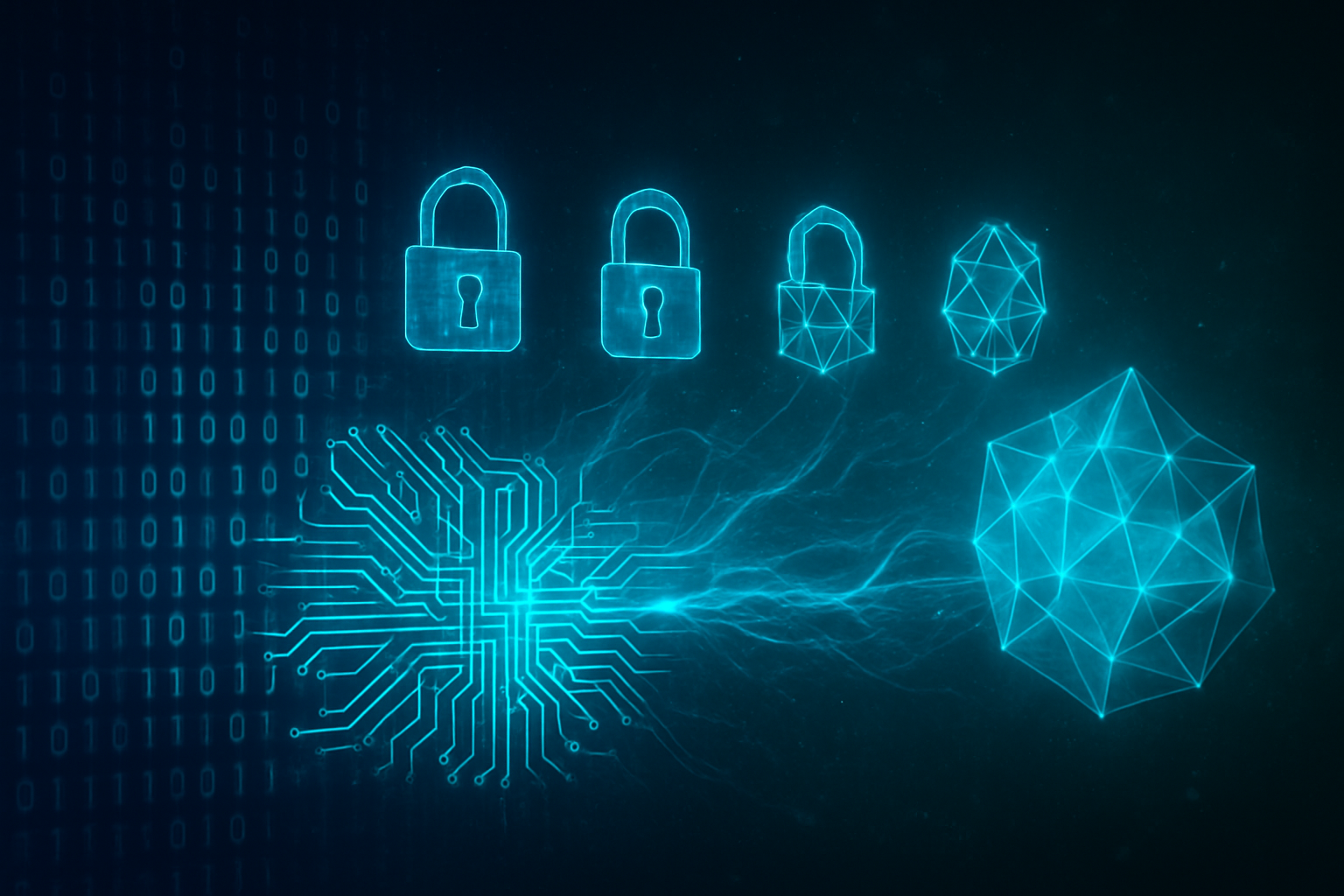 Create a realistic image of a modern digital security concept showing a glowing quantum circuit board transitioning from classical binary code patterns on the left side to advanced crystalline quantum structures on the right side, with subtle blue and green lighting creating a futuristic atmosphere, floating holographic lock symbols evolving from traditional padlocks to geometric quantum encryption symbols, set against a dark technological background with subtle particle effects and energy streams connecting the elements, conveying transformation and advancement in cybersecurity, absolutely NO text should be in the scene.