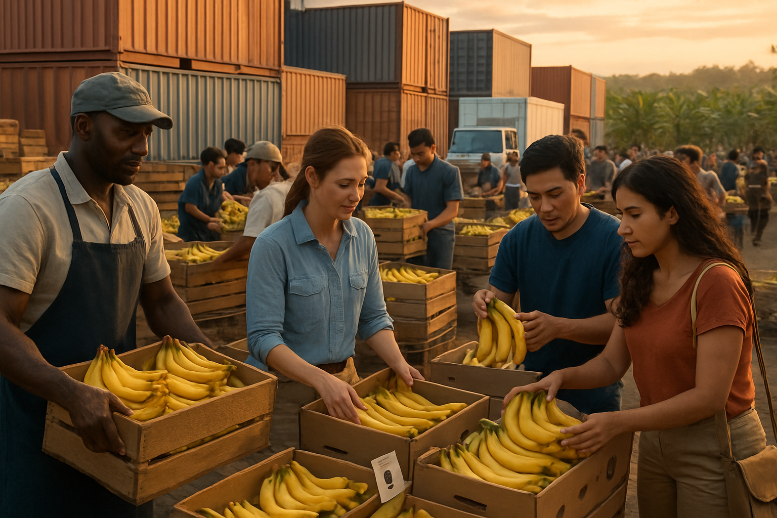 Create a realistic image of a bustling international marketplace scene showing the global banana trade, featuring wooden crates and cardboard boxes filled with fresh yellow bananas being loaded and unloaded by diverse workers including black male and white female dock workers, with shipping containers and cargo trucks in the background, large banana plantation fields visible in the distance, currency symbols and price tags visible on banana displays, people of various ethnicities including Asian male and Hispanic female customers examining and purchasing bananas, warm golden hour lighting creating an active commercial atmosphere, absolutely NO text should be in the scene.