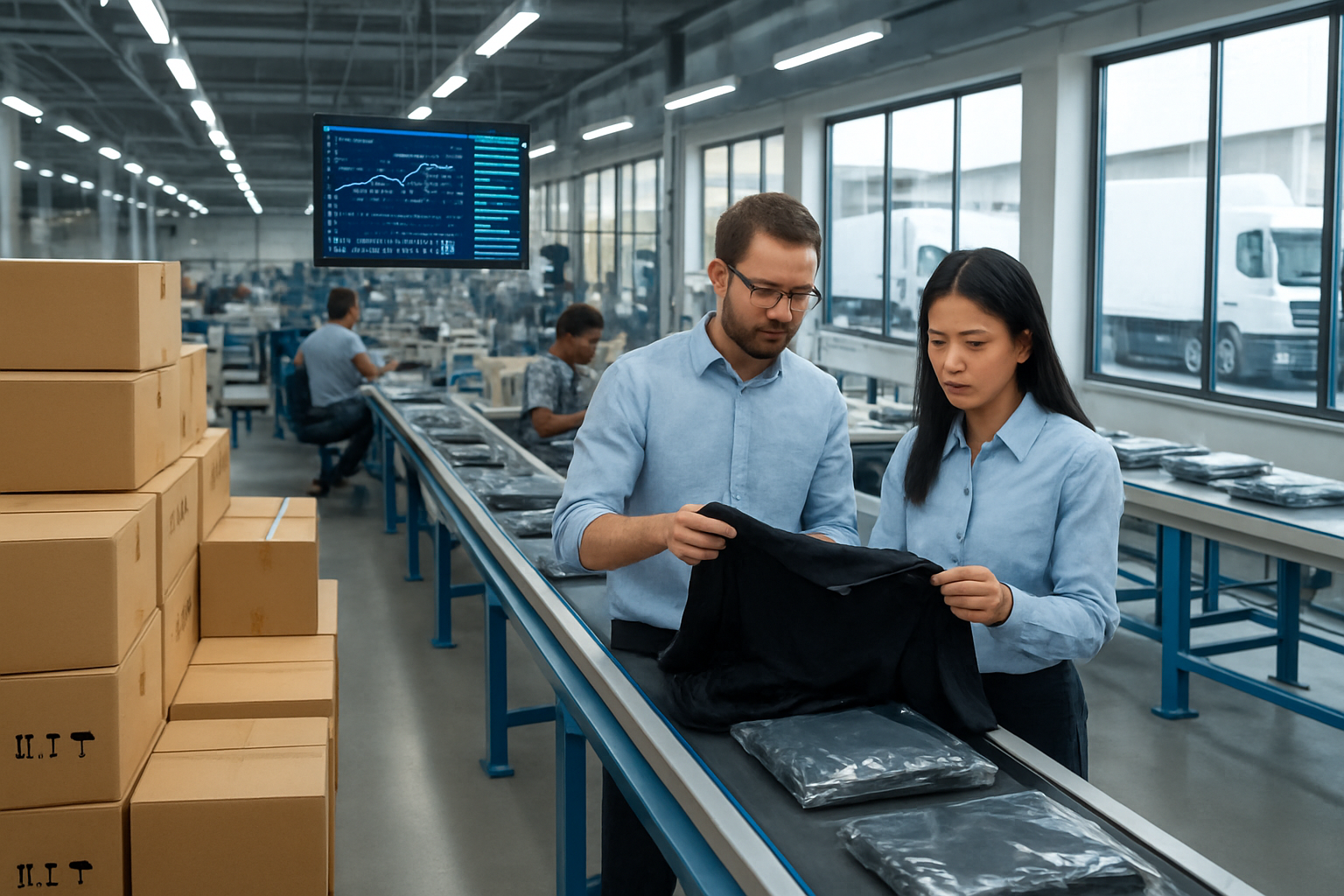 From Sampling to Shipment: A Transparent Apparel Export Process for Global Buyers in 2026 Create a realistic image of a modern apparel manufacturing facility with a diverse team of workers including white male and Asian female quality inspectors examining finished garments, shipping boxes labeled for international destinations stacked nearby, digital screens displaying production tracking data and logistics information, conveyor belts moving packaged clothing items, industrial sewing machines in the background, bright LED lighting creating a clean professional atmosphere, with cargo trucks visible through large windows suggesting global shipment operations, all set in a spacious warehouse environment that conveys efficiency and transparency in the export process, absolutely NO text should be in the scene.