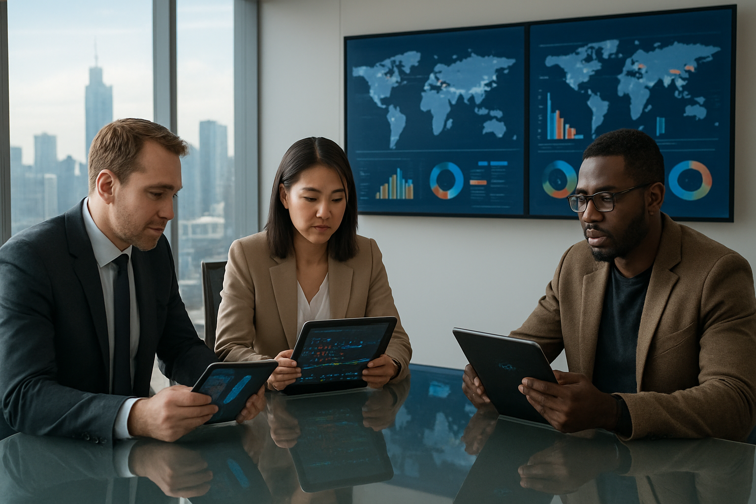 From Sampling to Shipment: A Transparent Apparel Export Process for Global Buyers in 2026 Create a realistic image of a modern conference room in 2026 with a diverse group of professionals including a white male business executive, an Asian female market analyst, and a Black male fashion buyer sitting around a sleek glass table, examining digital tablets displaying colorful fashion trend charts and global market data, with large wall-mounted screens showing world maps with highlighted trade routes and consumer demographic information, set against floor-to-ceiling windows overlooking a bustling metropolitan cityscape, with soft natural lighting creating a professional and forward-thinking atmosphere, absolutely NO text should be in the scene.