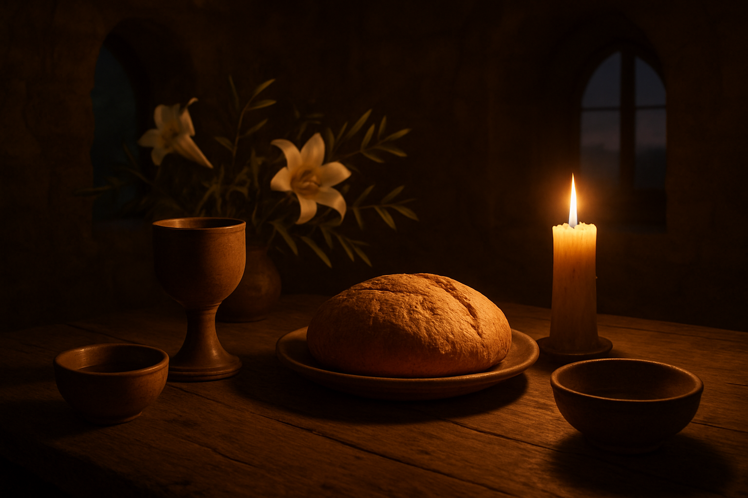 Create a realistic image of an ancient wooden table set with bread, wine chalice, and simple clay dishes, with warm golden candlelight illuminating the scene from the side, creating gentle shadows and a sacred, contemplative atmosphere, with Easter lilies and olive branches subtly placed in the background, symbolizing transformation and new life, all set in a dimly lit stone room with arched windows showing a dusky twilight sky. Absolutely NO text should be in the scene.