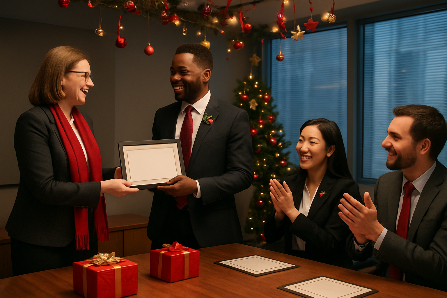 Create a realistic image of a modern office conference room decorated with festive Christmas elements where a diverse group of professionals including a white female manager, black male employee, and Asian female colleague are participating in a holiday-themed recognition ceremony, with wrapped gift boxes and certificates on a wooden table, red and gold Christmas decorations hanging from the ceiling, a small decorated Christmas tree in the corner, warm ambient lighting creating a celebratory atmosphere, people smiling and clapping as someone receives an award, professional business attire mixed with festive accessories like holiday pins and scarves, absolutely NO text should be in the scene.