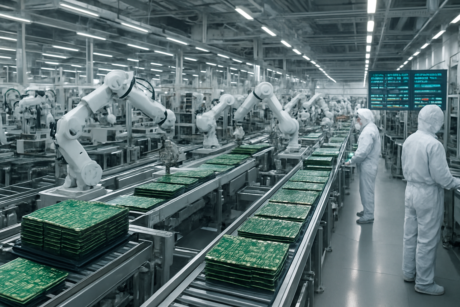 Create a realistic image of a modern high-tech manufacturing facility with multiple production lines running simultaneously, showing automated machinery and robotic systems working at full capacity, with stacks of computer chips and semiconductor components visible on conveyor belts, bright industrial lighting illuminating the clean room environment, conveyor systems moving products efficiently through different stages of production, workers in protective clean room suits monitoring the operations, and digital displays showing production metrics and efficiency data, capturing the sense of rapid scaling and meeting explosive market demand in the technology sector, absolutely NO text should be in the scene.