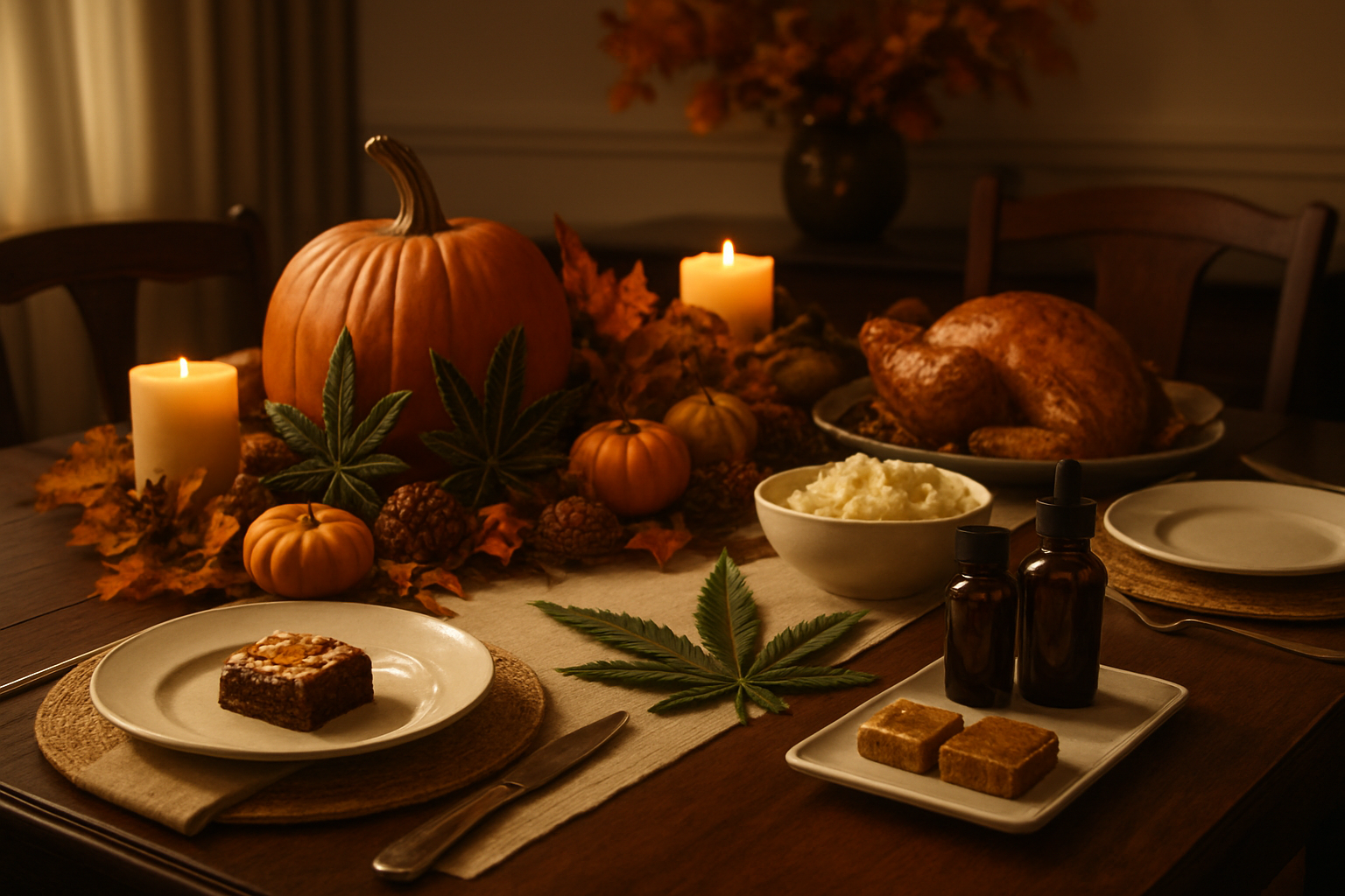 Create a realistic image of a modern holiday dinner table setting that blends traditional Thanksgiving elements with contemporary cannabis culture, featuring elegant cannabis leaf decorations alongside autumn foliage, pumpkins, and cornucopias, with sophisticated cannabis-infused products like gourmet edibles and tincture bottles tastefully arranged among traditional holiday foods, warm golden lighting creating a cozy festive atmosphere, representing the evolution of holiday traditions in a luxurious dining room setting with rich wood furniture and seasonal decorations, absolutely NO text should be in the scene.