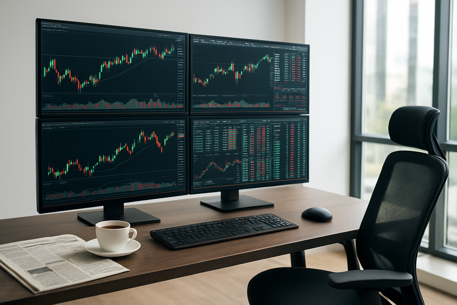 Create a realistic image of a modern trading desk setup with multiple large monitors displaying colorful stock charts, candlestick patterns, and real-time market data, a sleek black keyboard and mouse, a professional office chair, scattered financial newspapers, a coffee cup, and a smartphone showing trading apps, all positioned in a bright contemporary office environment with natural lighting from large windows, conveying an atmosphere of focused professional trading activity, absolutely NO text should be in the scene.