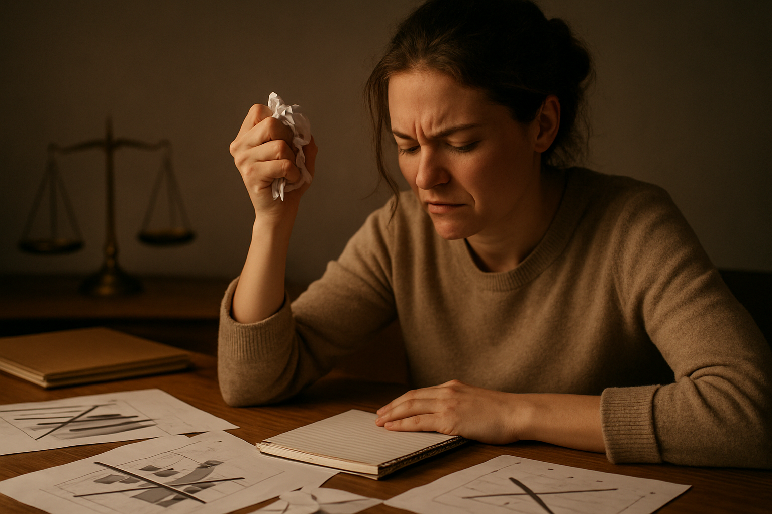 Create a realistic image of a white female sitting at a wooden desk looking frustrated while crumpling up a piece of paper with her hand, surrounded by scattered notebooks and a scale in the background, with torn goal charts and crossed-out plans visible on the desk surface, warm indoor lighting creating shadows that emphasize the challenging mood, absolutely NO text should be in the scene.