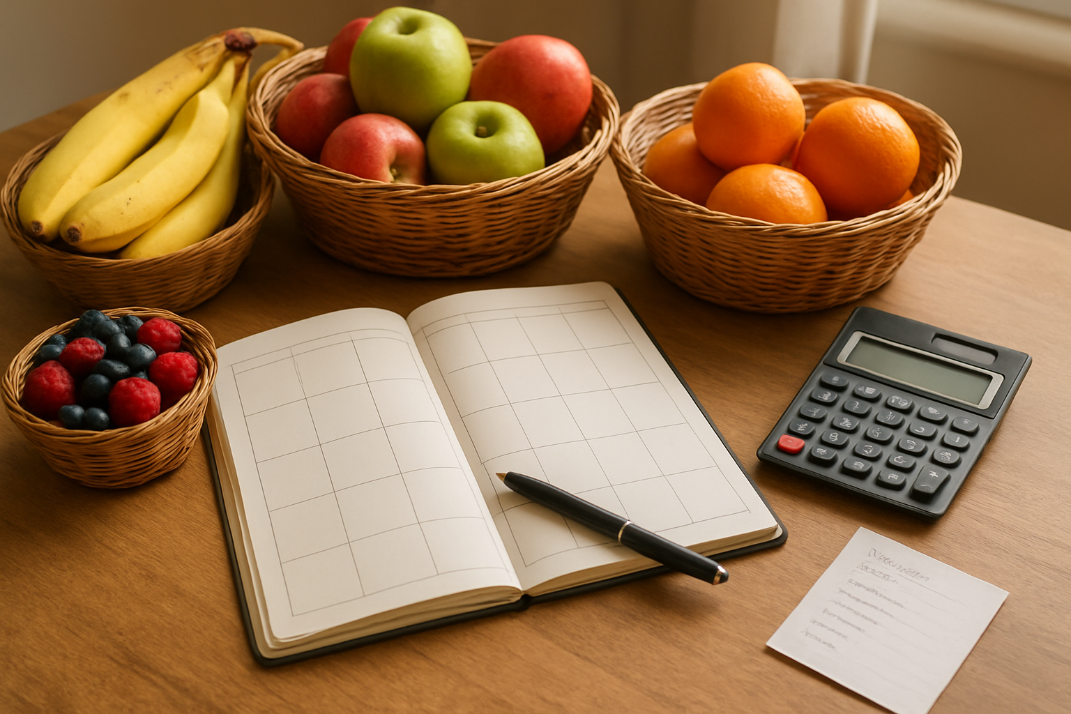 Create a realistic image of a weekly meal planning scene on a wooden kitchen table featuring an open meal planning notebook with blank weekly calendar grid, surrounded by affordable fresh fruits including bananas, apples, oranges, and seasonal berries in wicker baskets, with a calculator, pen, and grocery shopping list nearby, soft natural lighting from a nearby window creating a warm and organized atmosphere, absolutely NO text should be in the scene.
