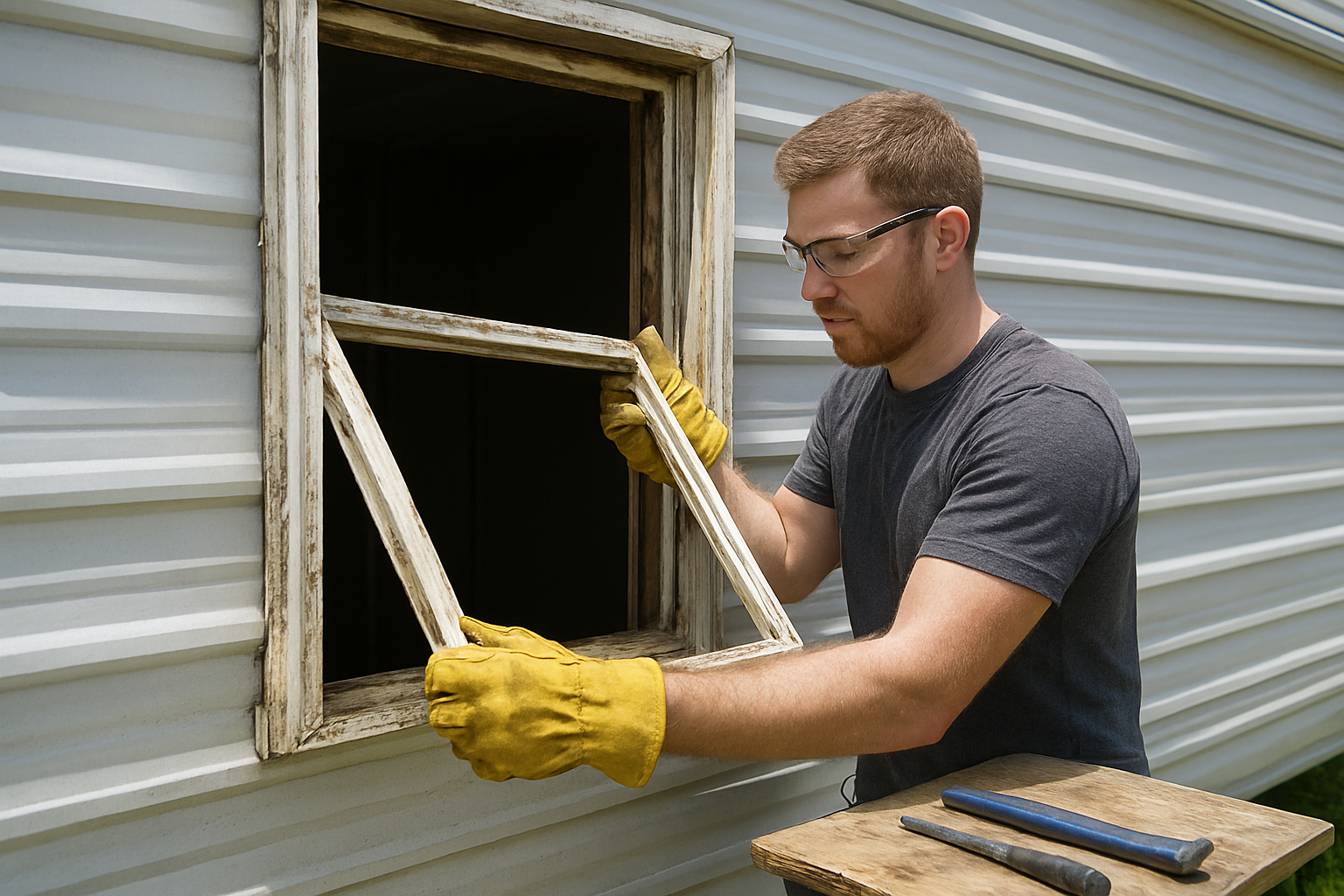 Create a realistic image of a white male construction worker wearing work gloves and safety glasses carefully removing an old window frame from the exterior wall of a mobile home, with the window partially extracted showing exposed frame edges, construction tools like a pry bar and screwdriver nearby on a small table, bright daylight illuminating the work area, the mobile home's aluminum siding visible in the background, and the worker demonstrating proper removal technique with focused concentration, absolutely NO text should be in the scene.