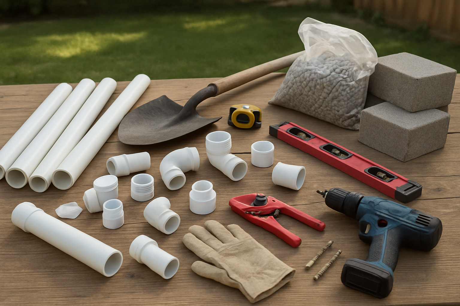 Create a realistic image of construction materials and tools laid out on a wooden workbench or ground surface for building a septic system, including PVC pipes of various sizes, pipe fittings and connectors, a shovel, measuring tape, level tool, pipe cutter, work gloves, gravel or crushed stone in a bag, concrete blocks or pavers, and a drill with bits, all arranged in an organized manner with natural outdoor lighting and a backyard setting in the background, absolutely NO text should be in the scene.